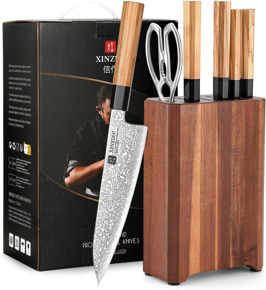 XINZUO 67 Layers Damascus Steel 7-Piece Knife Block Sets, Professional Kitchen Chef's Knife Set, Handmade Octagonal Handle Made of Olive Wood, with Acacia Wood Knife Block and Multifunctional Kitchen