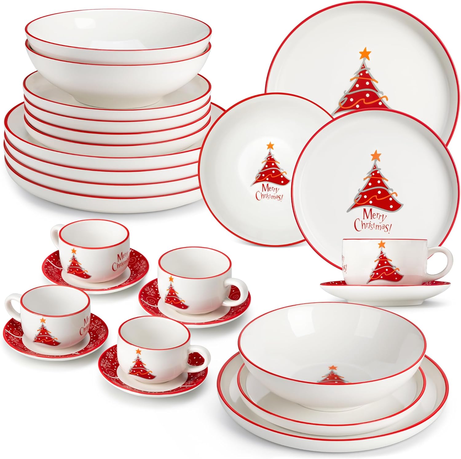MALACASA Luna Christmas Tableware for 6 People, 30-Piece Dinner Service Made of White Porcelain