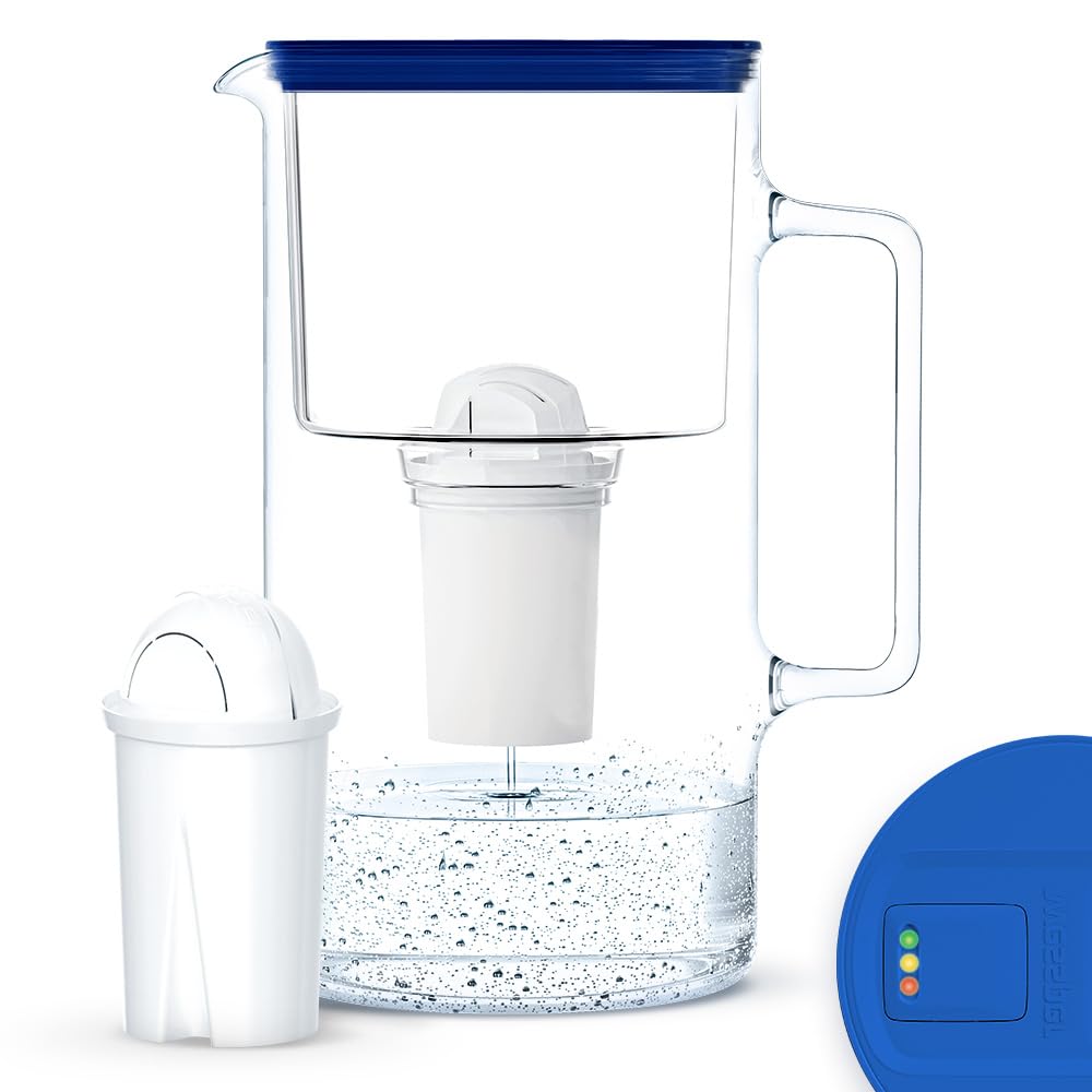 Wessper Glass Water Filter Jug 3L with Manual Filter Wear Indicator | Replacement for Aquaphor Standard, Brita Classic, Dafi Classic Filter Cartridge | Includes Water Filter Jug + 1 Cartridge, Blue