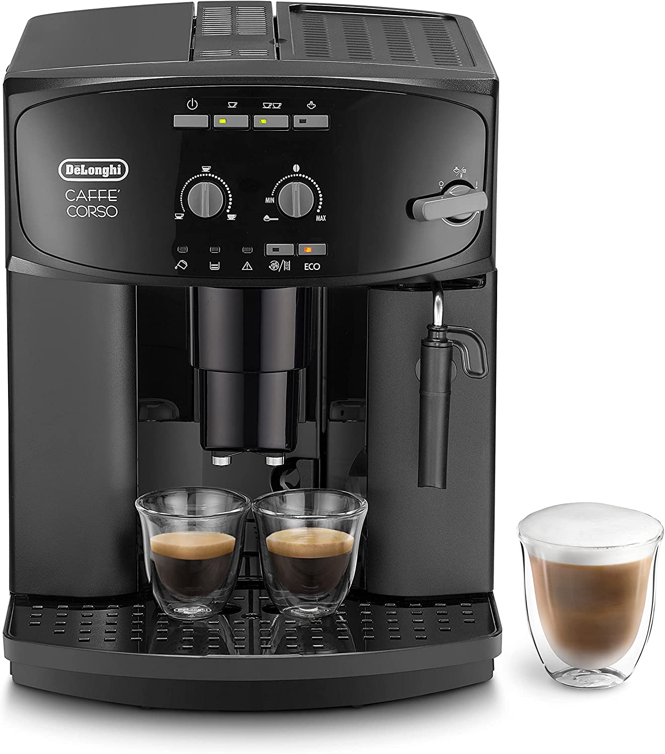 De’Longhi De\'Longhi Caffé Corso ESAM 2600 Fully Automatic Coffee Machine with Milk Frothing Nozzle, 2 Cup Function, 1.8 Litres, Black & De\'Longhi Water Filter DLSC002 - Accessories for De\'Longhi Fully Automatic Coffee Machines, White
