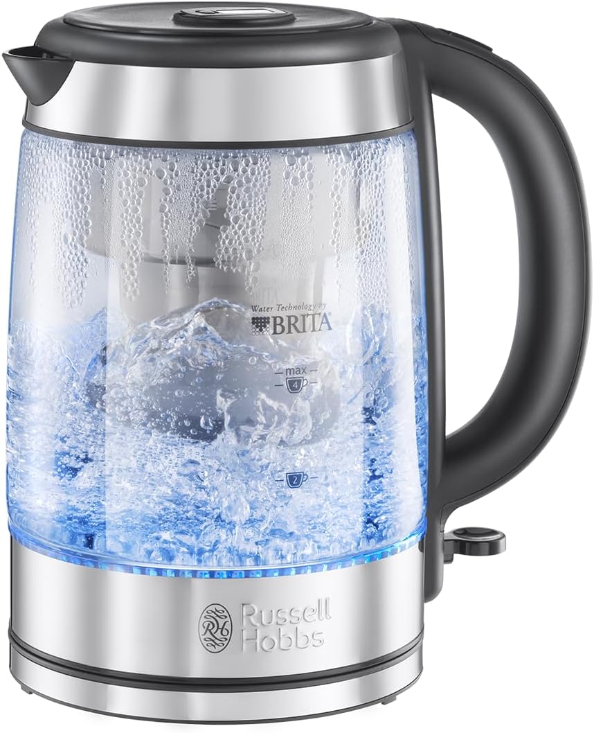 Russell Hobbs Store Russell Hobbs Clarity 20760-57 Glass Kettle [Brita Water Filter Maxtra+ Insert] (1 L + 0.5 L Filter Insert, 2200 W, LED Lighting, Includes Filter Cartridge, Limescale Filter, Cartridge Change