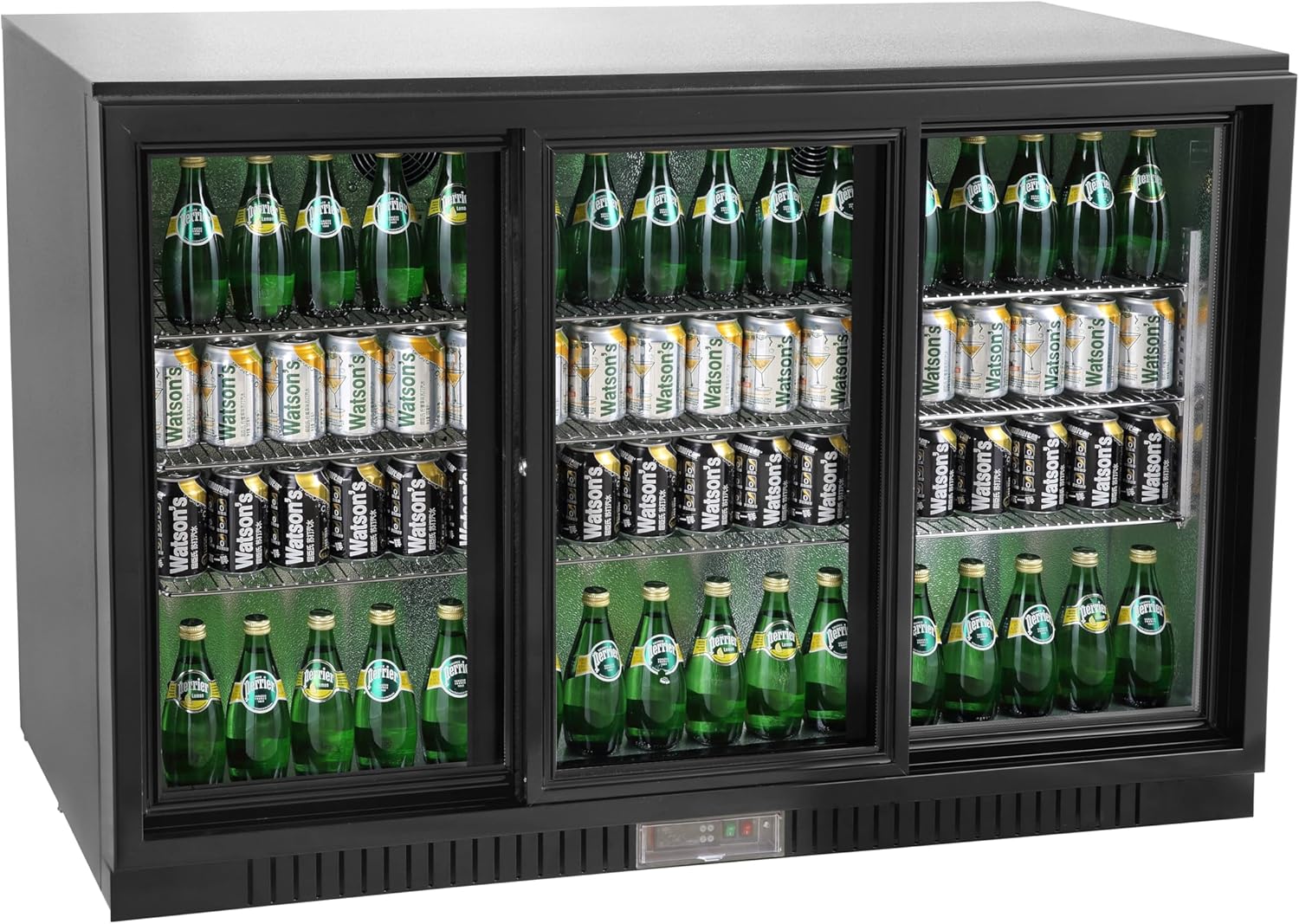 METRO Professional GBC3103 Glass Door Fridge, Galvanized Sheet/Aluminum/Glass, 3 Doors, 9 Adjustable Shelves, Automatic Defrosting, 308 L, with Lock, LED Lighting, Black