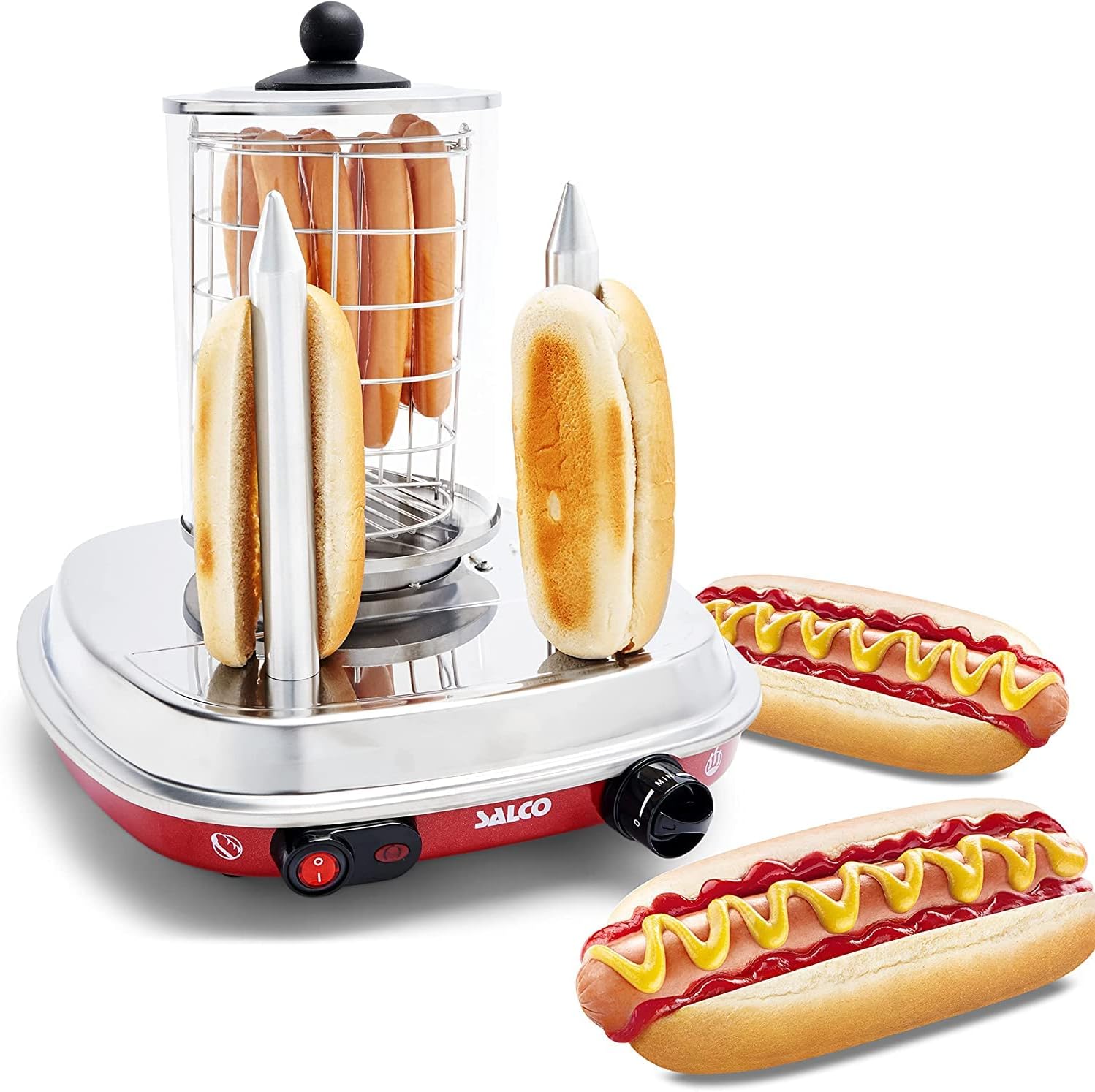 Salco Hot Dog Maker in Retro Diner Style - 450 W, Steamer with Thermal Control, Heating Skewers for 2 Rolls - Cylinder Capacity for 8 Sausages, Metal Casing, Glass Cylinder & Stainless Steel Basket