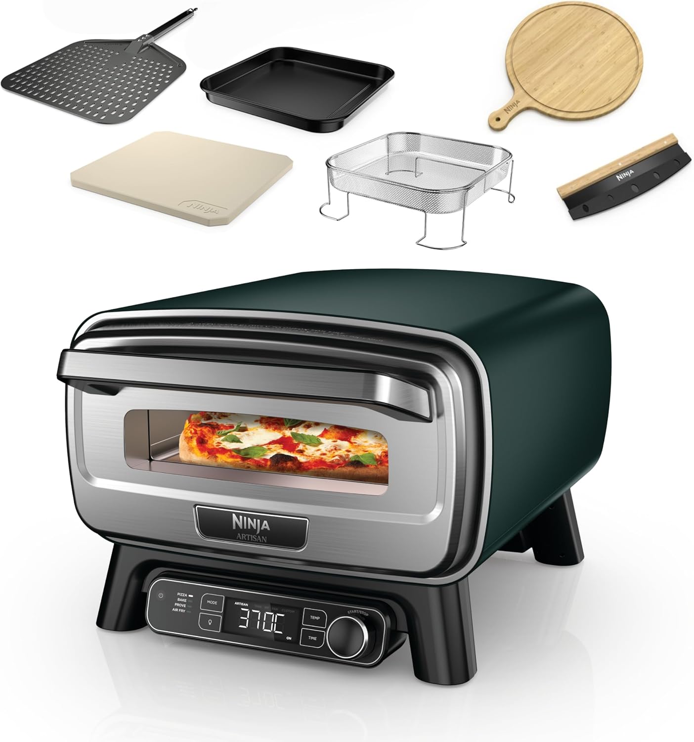 Ninja Artisan Outdoor Pizza Oven and Hot Air Fryer, 4 Functions, Serving Board, Pizza Weigh Knife, 30cm Pizza Stone, Pizza Bowl, Baking Tray and Hot Air Fryer Basket, Green MO201AMZEU