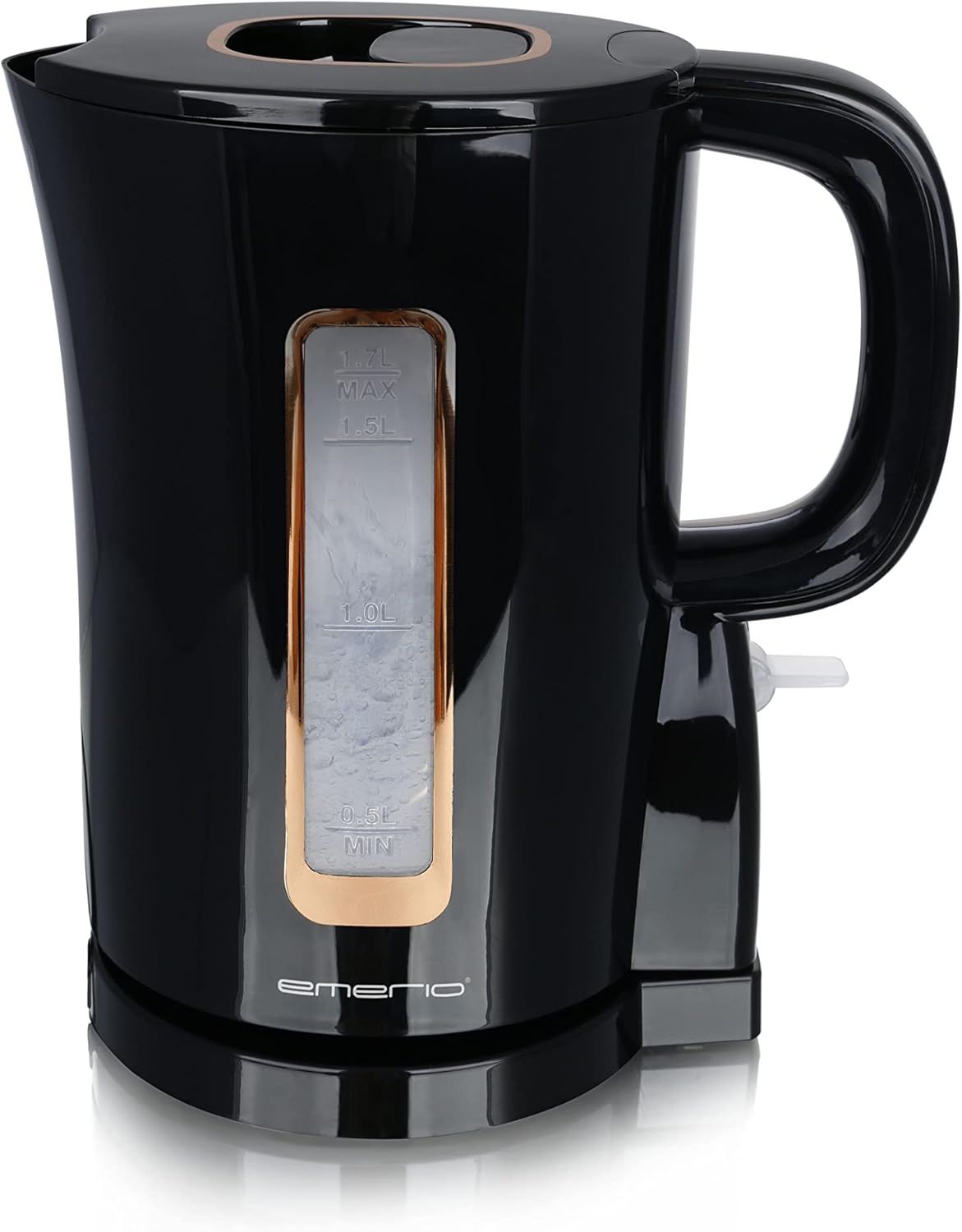 Emerio WK-125130 Kettle, 1.7 Liters, 2200 Watt, BPA-Free, Stainless Steel Heating Element, Water Level Indicator, Auto-Off, Boil Dry Protection, Black/Gold