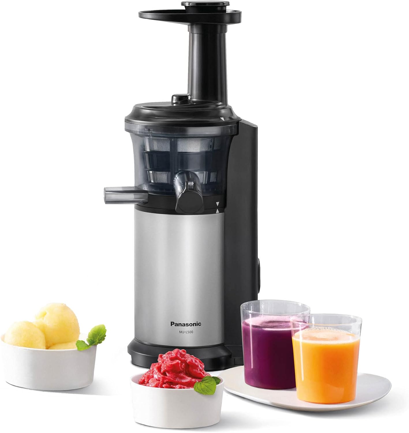 Panasonic MJ-L500S Slow Juicer / Juicer / 2 Inserts for Juices and Frozen Ingredients / Frozen Yoghurt / Silver