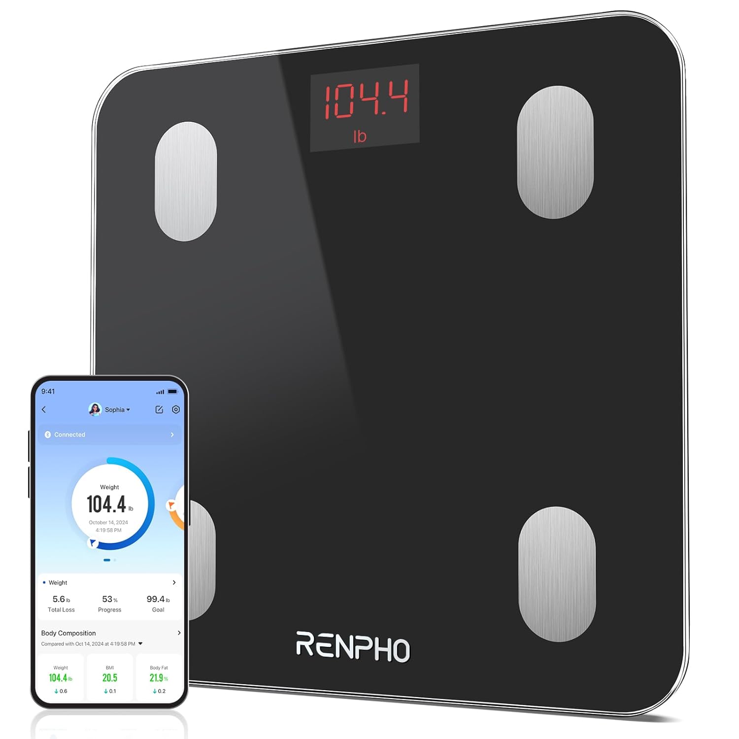 RENPHO Store RENPHO Body Fat Bathroom Scales, Bluetooth Personal Scales with App, Smart Digital Scales for Body Fat, BMI, Weight, Muscle Mass, Water, Protein, Skeletal Muscle, Bone Weight and BMR