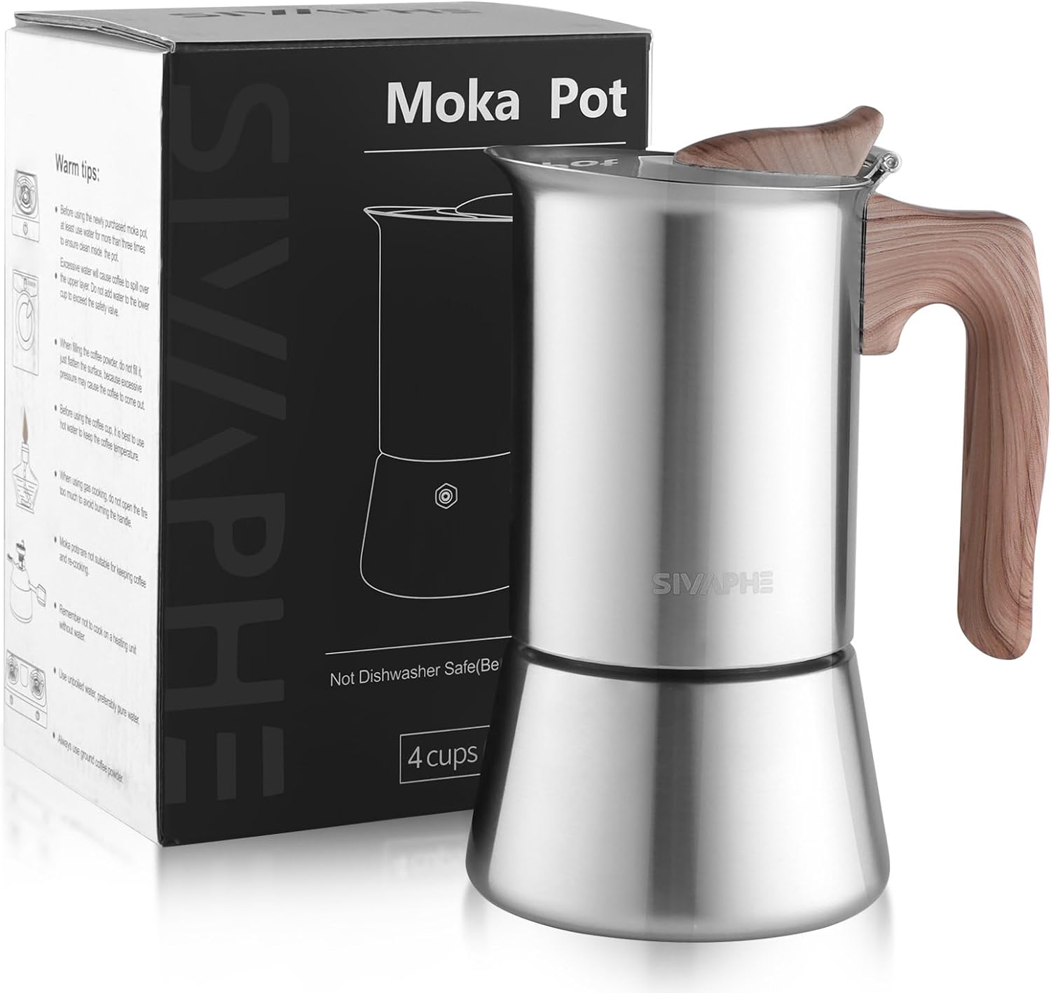 Sivaphe Espresso Maker Induction, Cooker Espresso Machine, Stainless Steel Espresso Jug, Mocha Pot, Espresso Maker, Aluminum-free (4 Cups 200 ml)