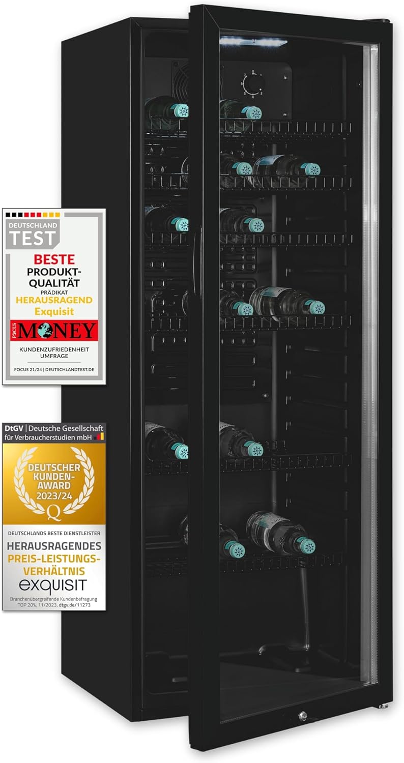 Exquisit Glass Door Fridge GKS240-GT-160C Black | Net Capacity: 237 L | Door Lock | 6 Grid Shelves | Recirculation Fan | Standing Device