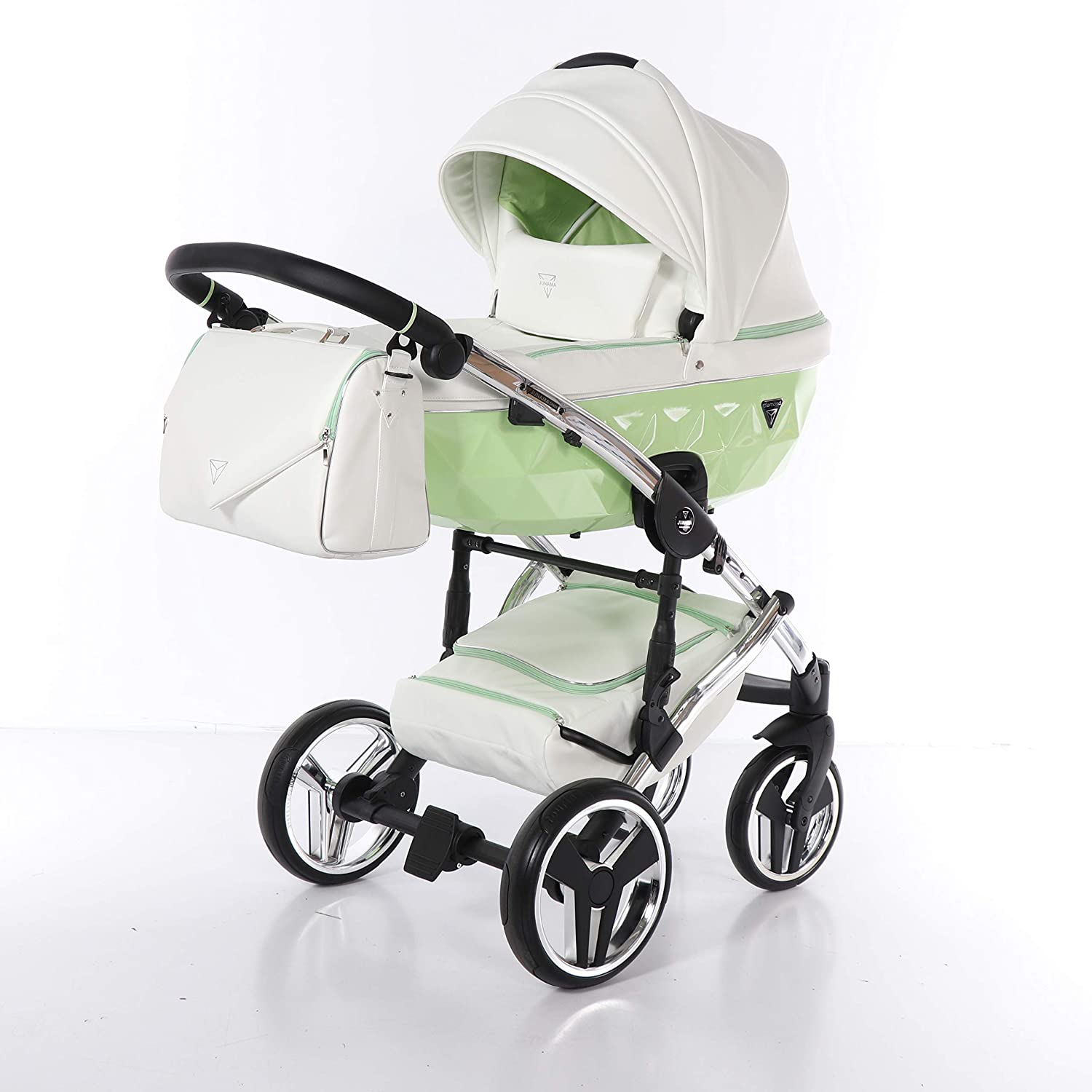 Combi Children\'s Pram Set JUNAMA CANDY Pushchair Buggy Baby Seat + Accessories (Junama Candy 04 White Leather - Pistachio Green, 3-in-1)