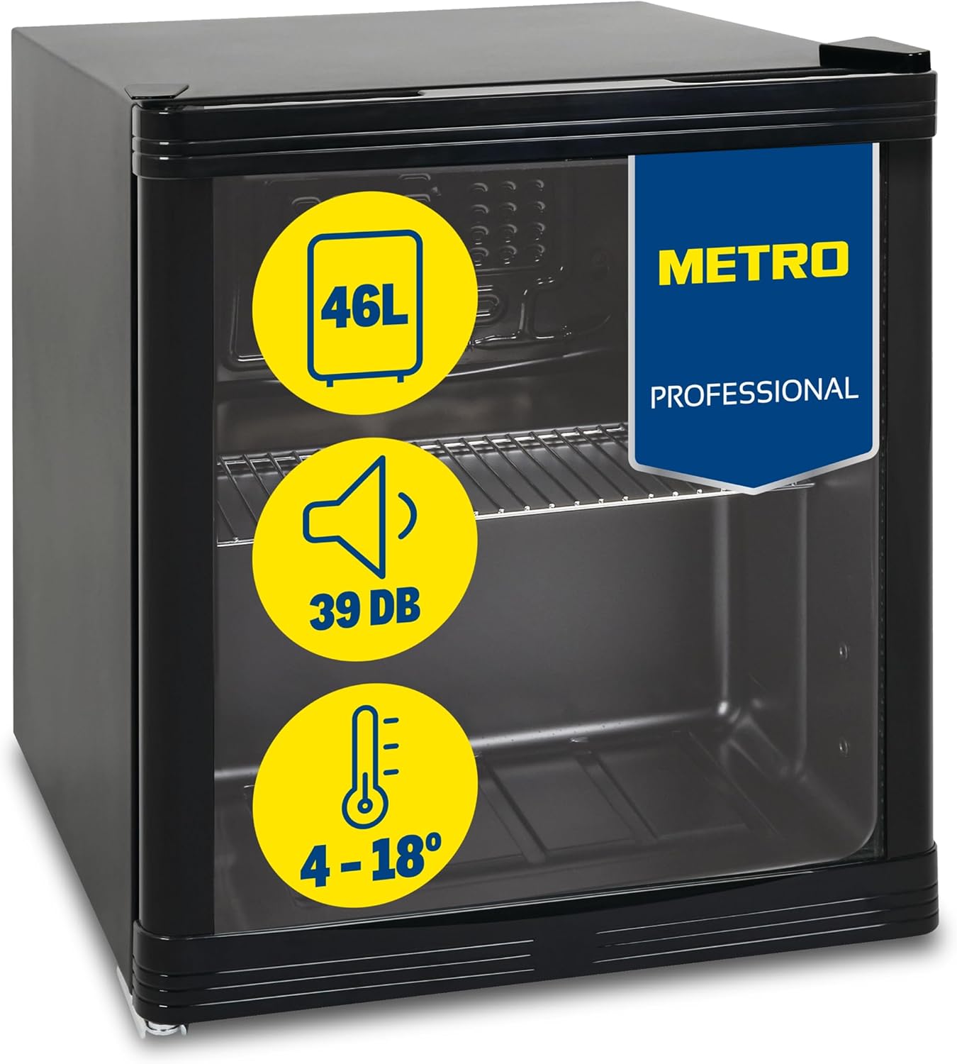 METRO Professional Mini Fridge GPC1046, Stainless Steel/Glass, 43 x 48 x 51.5 cm, 46 L, Black