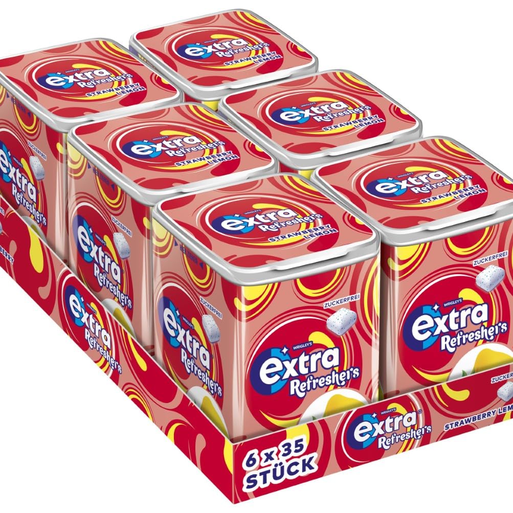 EXTRA Store Extra Refreshers Sugar Free Chewing Gum, Strawberry Lemon Gum, 6 x 35 Dragees, Bulk Pack Chewing Gum, Xylitol Chewing Gum No Sugar (210 Dragees)