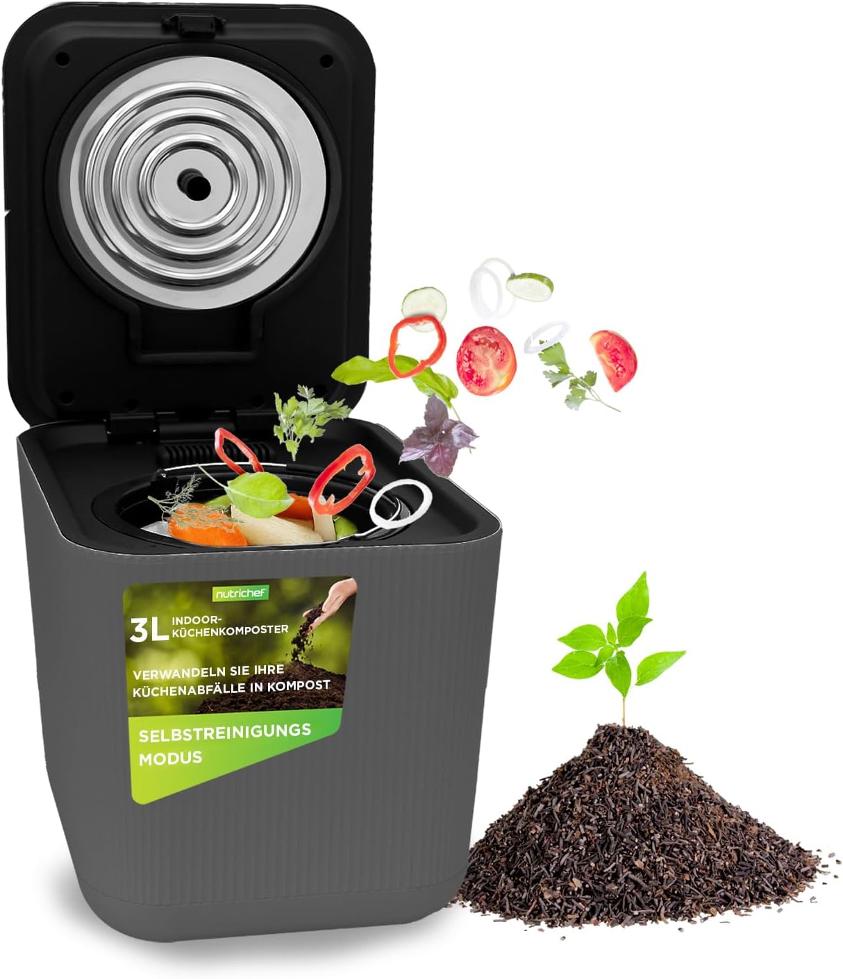 Nutrichef Electric Composter, 3L Organic Waste Bin, Kitchen, Compost Bin for Organic Material and Food Remnants, Kitchen Composter with Lid, Electric Composter, Self-Cleaning Mode
