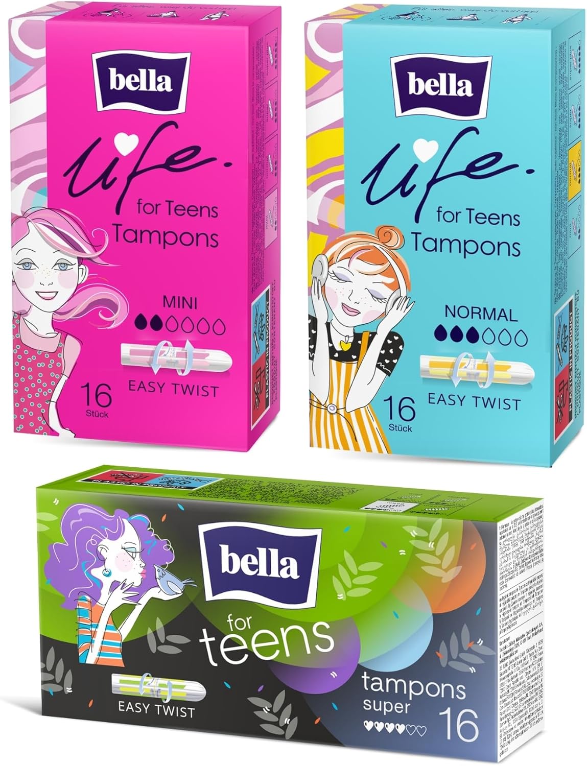 bella For teens tampons in sample pack all sizes in a set (3 x 16 pieces) | dermatest: excellent, absorbent and comfortable tampons for the first period | easy to open for teenagers with easy twist
