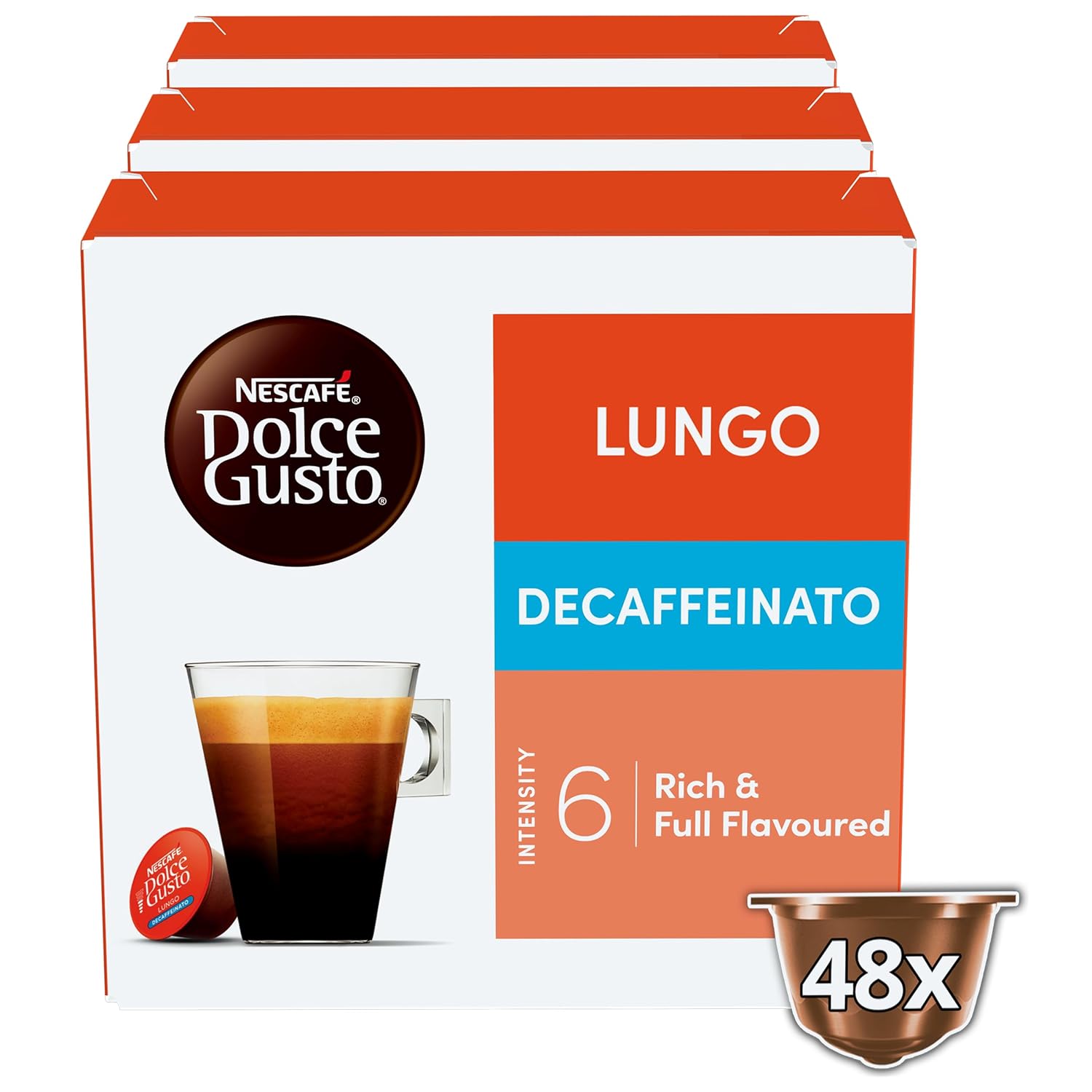 NESCAFÉ Dolce Gusto Lungo Decaffeinato, 48 Coffee Capsules, Decaffeinated, 100% Arabica Beans from South America, Fine Crema, Aroma Sealed Capsules, Pack of 3 (3 x 16 Capsules)