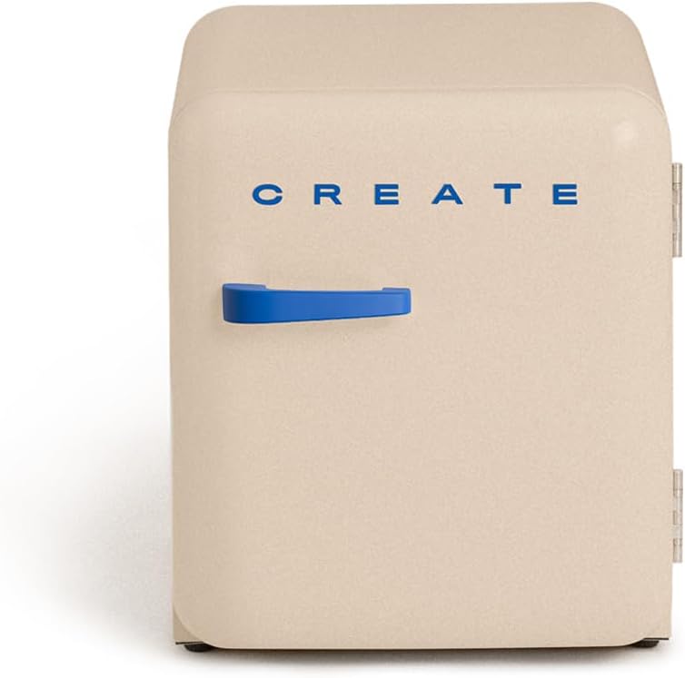 CREATE Retro Fridge 50 Cobalt Fridge in Sand, Cobalt Blue Handle, 85 W, Minibar, One Shelf, Retro Design, 50 cm, Two Shelves, 48 ​​L Capacity, Energy Saving, 50 x 44 x 49.8 cm