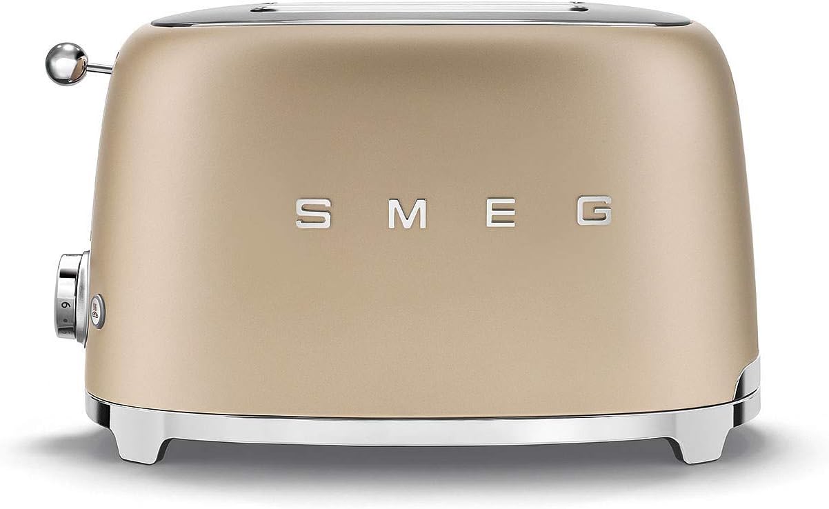 Smeg, 2x2 TSF01CHMEU Toaster, 2 Slots for 2 Slices, 6 Gilding Levels, Heating Function, Defrost and Bagel Function, Collection Drawer, 950W, Matt Champagne