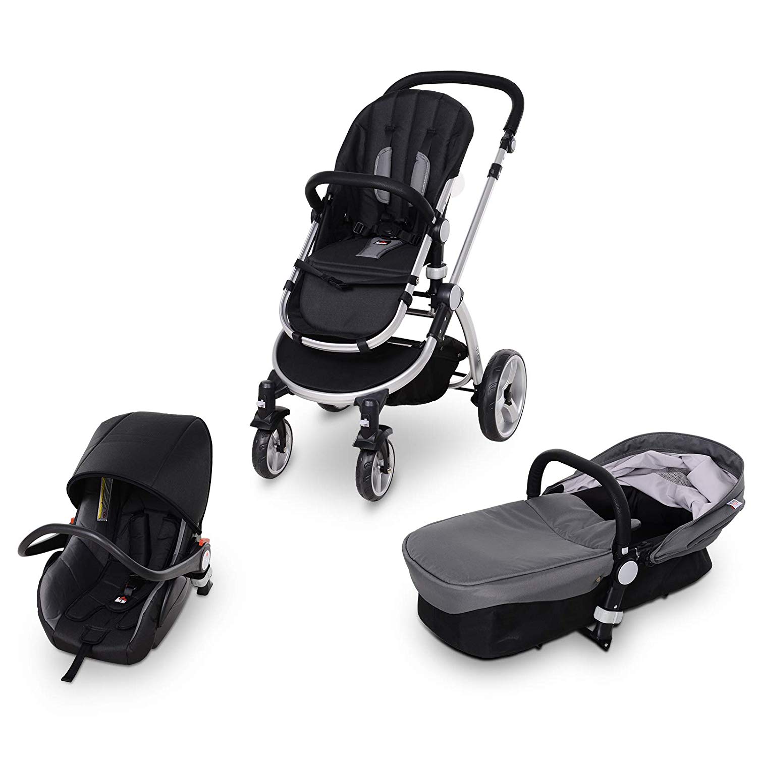 HOMCOM 3-in-1 Folding Pushchair Buggy Baby Car Seat 0-36 Months Aluminium Alloy Grey 96 x 61 x 105 cm