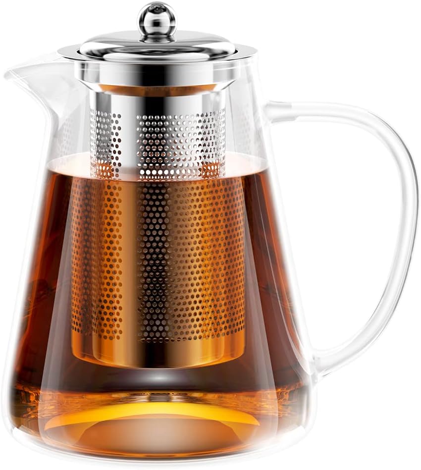 Gvolatee Glass Teapot with Strainer Insert, Borosilicate Glass Tea Service, Glass Teapot, Teapot Glass With Strainer Insert, Teapot with Strainer, Tea Infuser for Loose Leaves Teapot