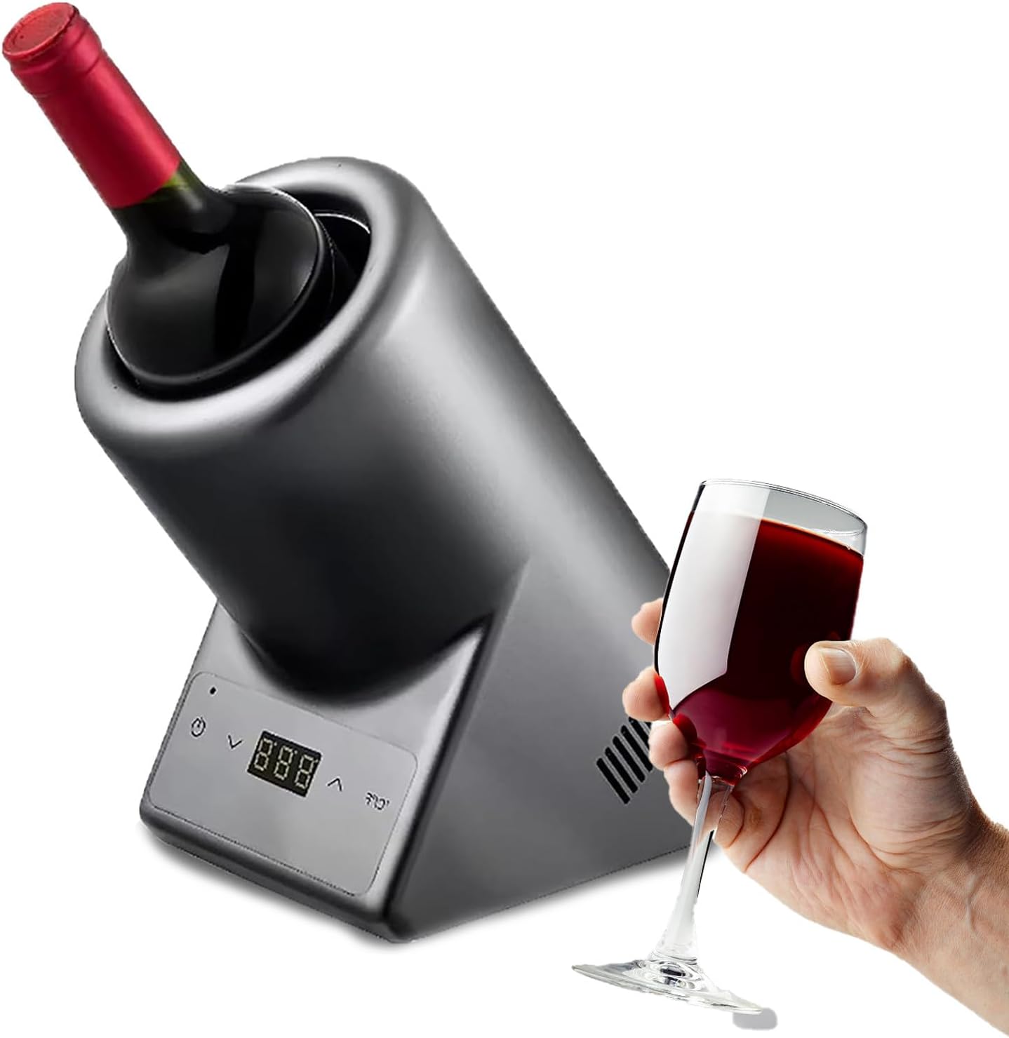 Mcamgiczin Portable Wine Bottle Cooler - Wine Cooler for One Bottle, Temperature Range of 5-18°C, for 9 mm Bottles, Sensor Touch Control, Stainless Steel Housing, Small, Silver-Round