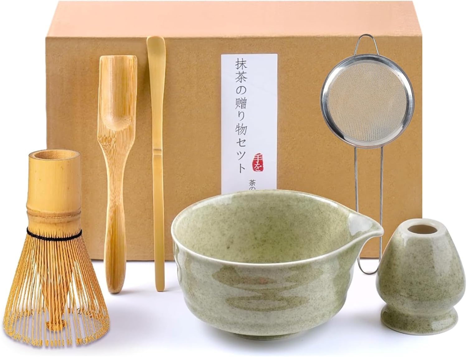 Matcha Set, 6-Piece Matcha Tea Set with Matcha Broom Stainless Steel Strainer, Matcha Bowl, 2 Matcha Spoons, Ceramic Broom Holder, Gift for Matcha Lovers, Green