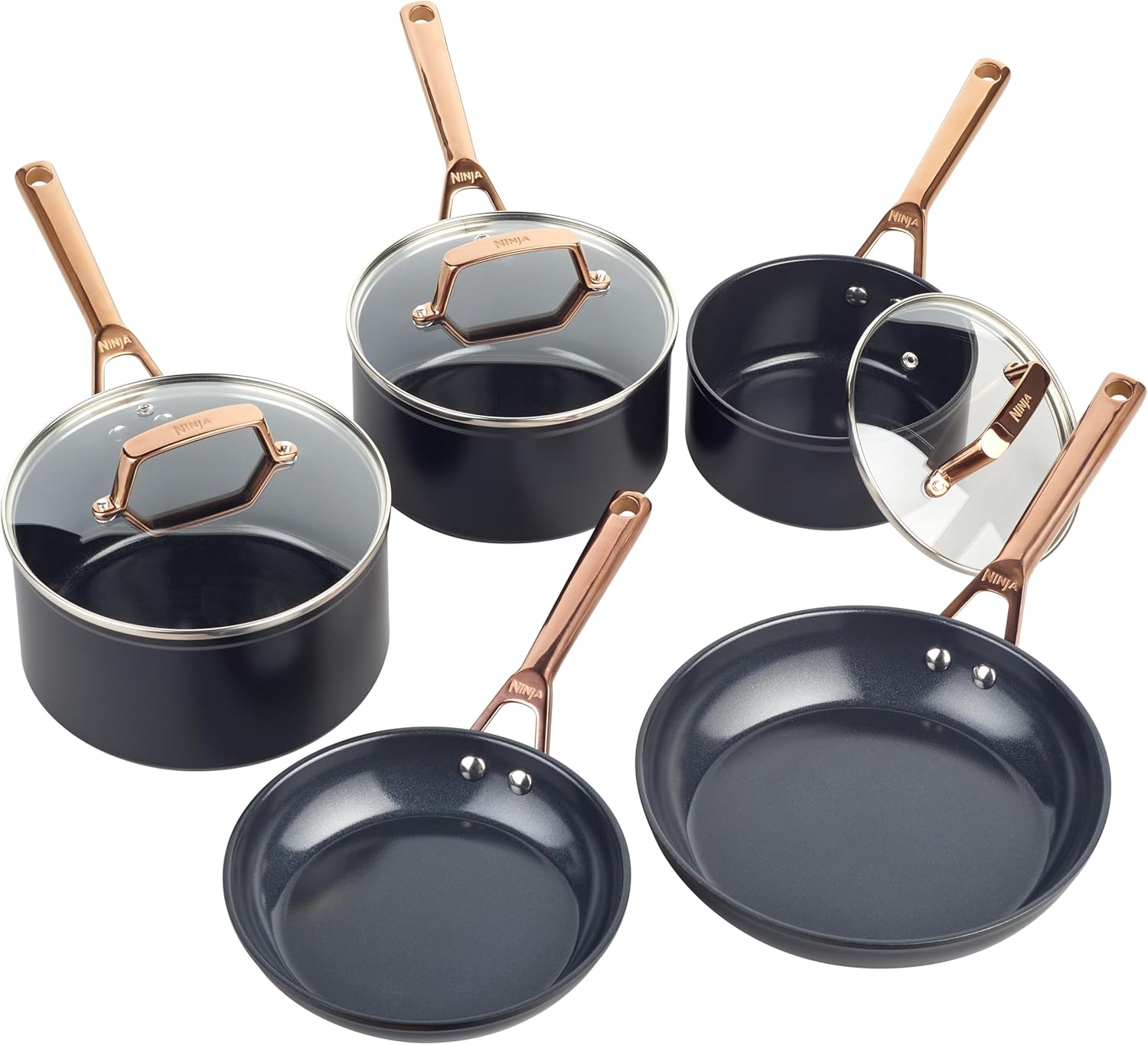Ninja Extended Life 5 Piece Ceramic Cookware Set (20 & 24 cm Frying Pans + 16, 18 & 20 cm Pots and Lids) Non Stick (No PFAs, PFOA, Lead or Cadmium), Oven Safe up to 285°C