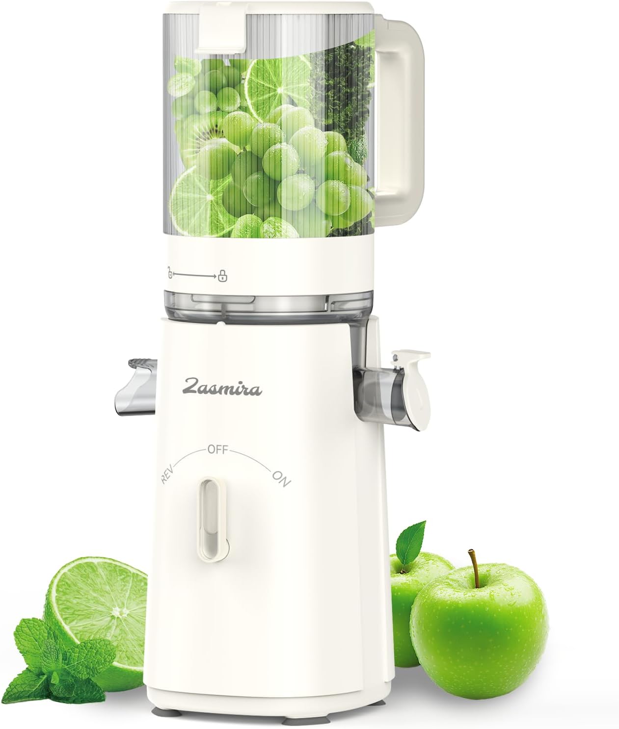 Slow Juicer, Zasmira Juicer for Vegetables and Fruit with 120 mm Wide Filling Chute, High Juice Yield for Whole Vegetables and Fruits, Easy to Clean