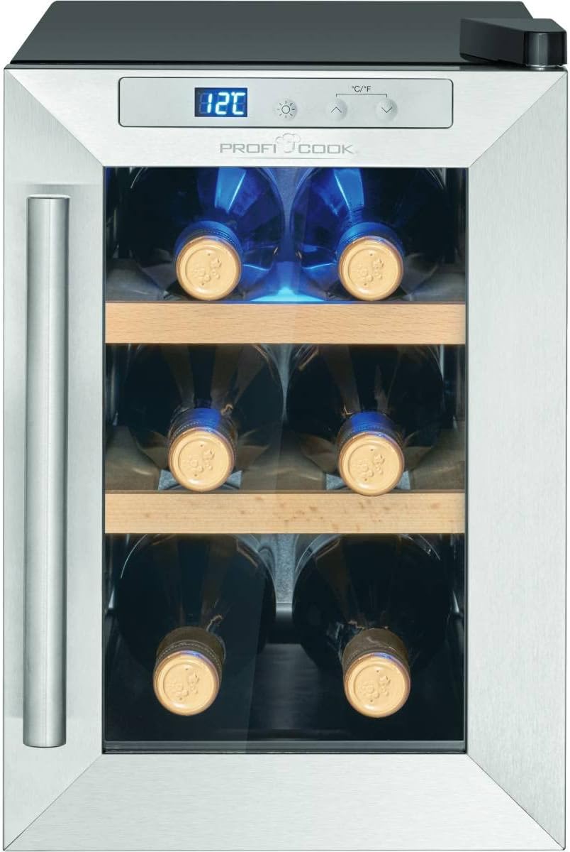 ProfiCook Wine Refrigerator, 6 Bottles, Drinks Refrigerator, UV-Resistant Glass Door, Wine Cooler, LED Lighting, 3 Storage Levels, 2 of which Removable, 11-18°C, PC-WK 1231