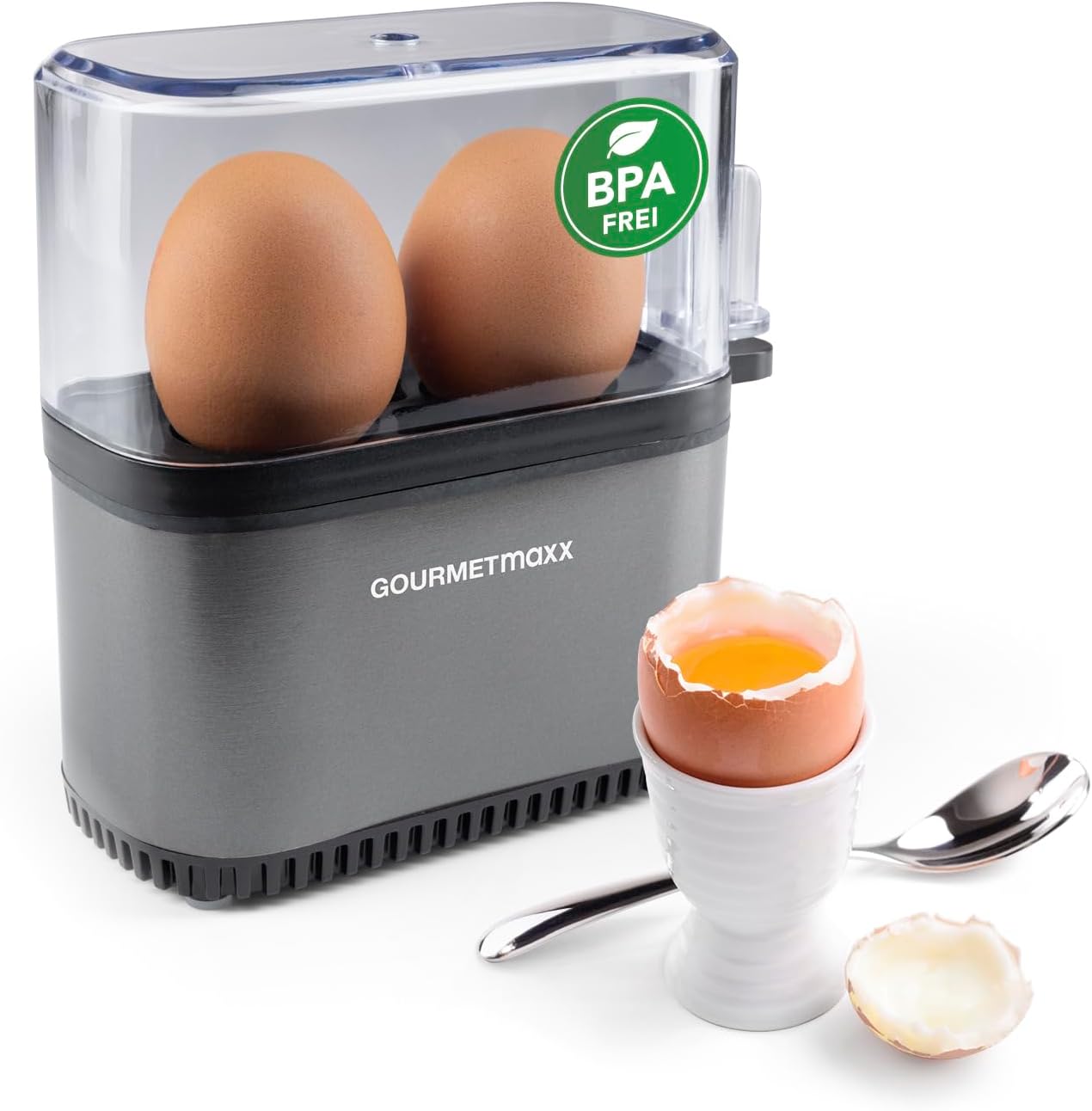 GOURMETmaxx Egg Cooker for 2 Eggs | Egg Boiler with Egg Cutter in Measuring Cup | Egg Cooker - 3 Hardness Levels for Your Egg Cup | Small Egg Cooker Design - Dishwasher Safe Parts