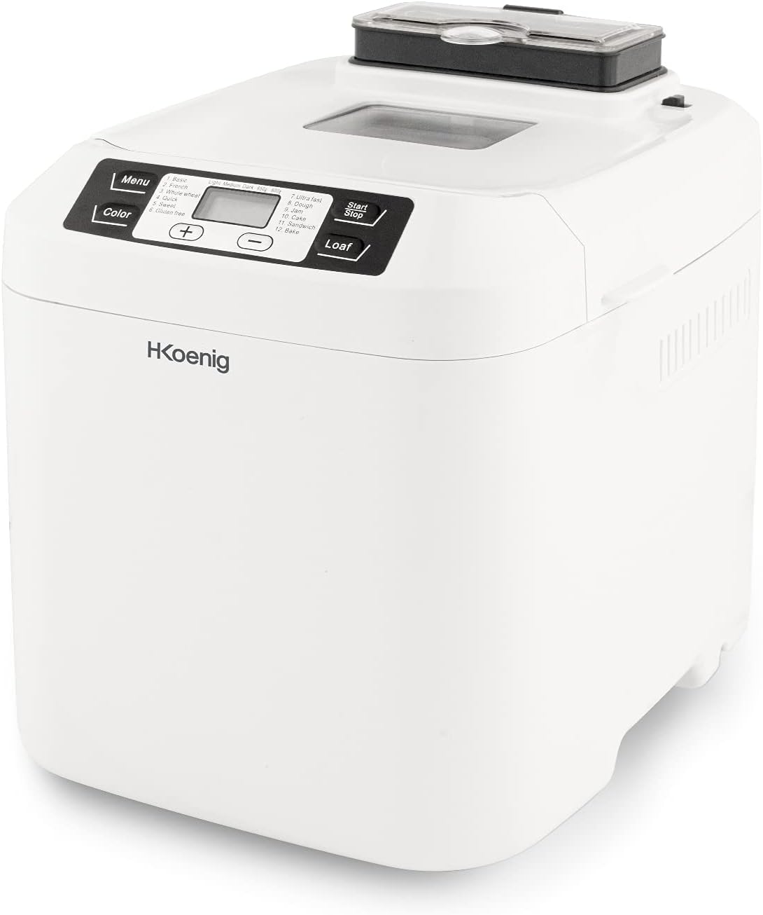 H.Koenig Bread Maker BAKE340,12, 2 Bread Sizes, Cereal Dispenser, Gluten-Free Programs, Brioche, Jam, Time Delayed Start Time and Keep Warm Function, LCD Display, 550 W