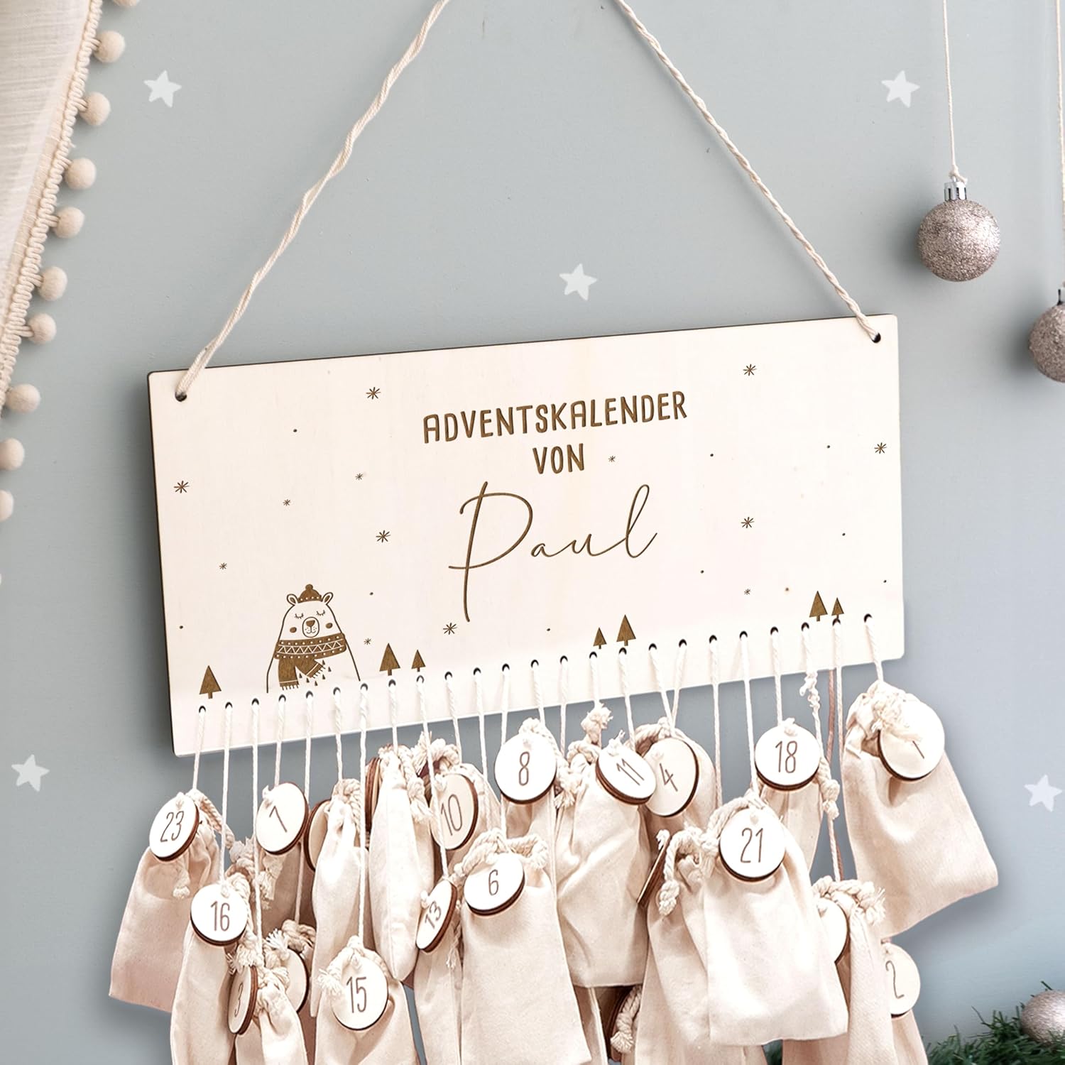 Advent Calendar Personalized for Children | Wooden Advent Calendar to Fill | Wall Mounted Christmas Calendar DIY with Name | Hellomini (Bear Engraving)