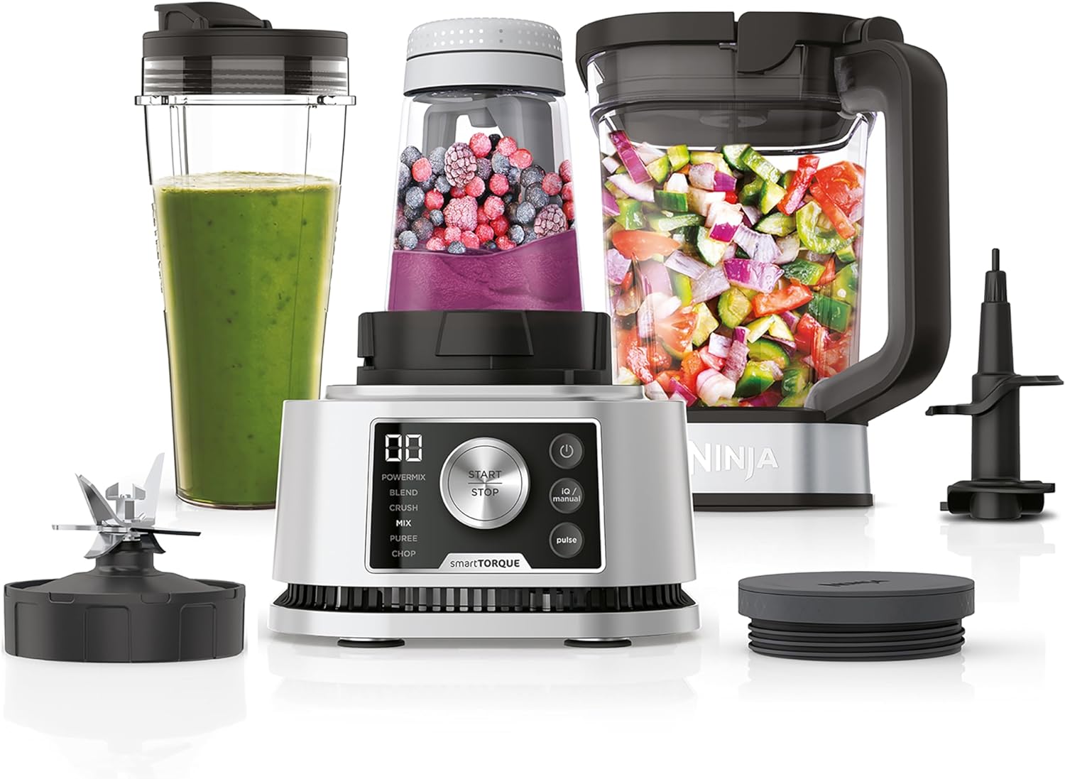 Ninja Foodi Power Nutri Mixer Smoothie Maker 3-in-1, Thick Spreads & Frozen Drinks, Automatic Programs, 2.1 L Jug, 700 ml Cup & 400 ml Bowl with Power Stirrer, 1200 W, Silver CB350EU