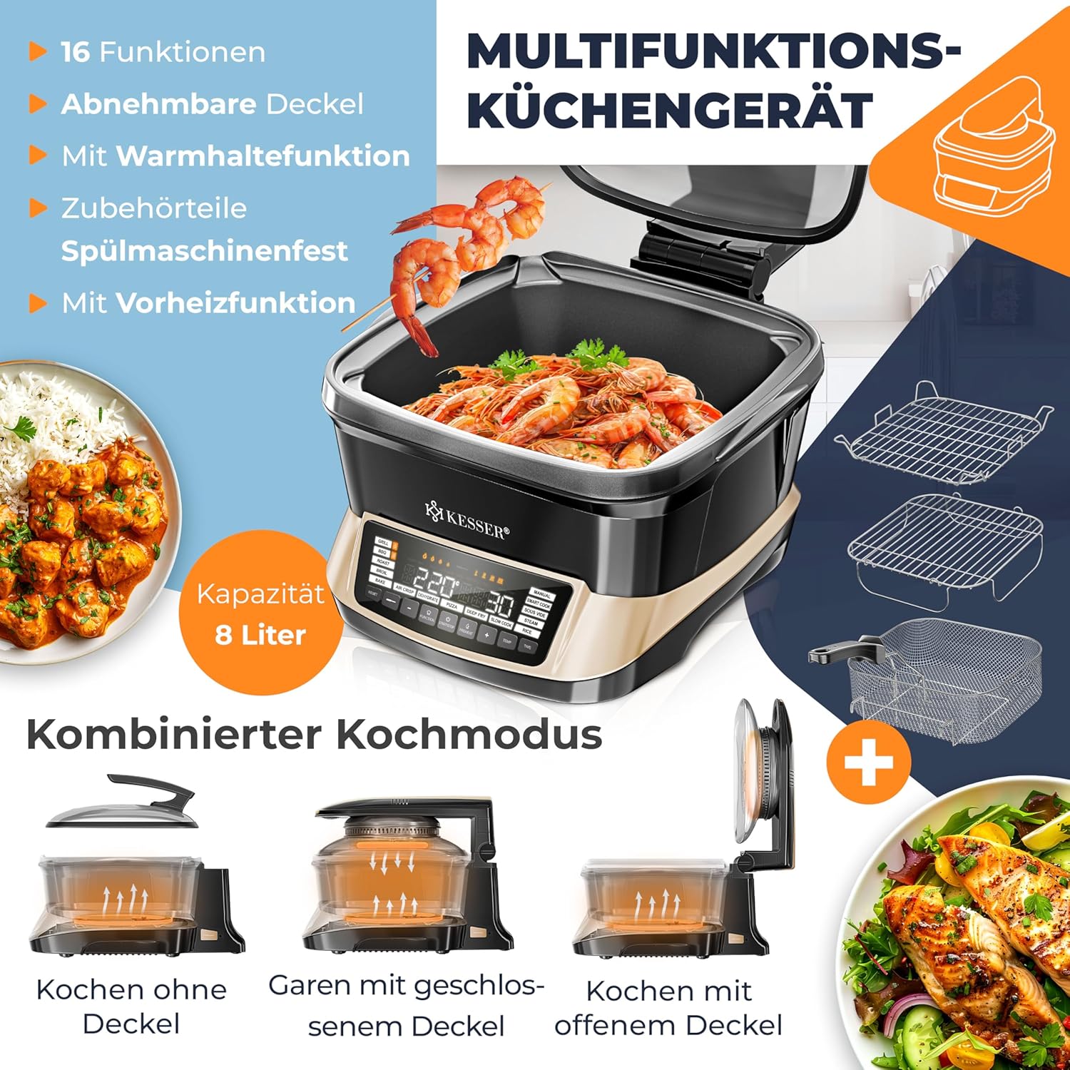 KESSER® Multicooker with Hot Air Fryer 8L & 16 Programs Kitchen Appliance - Grilling, Baking, Steaming, Preheating & Keeping Warm Function, Pressure Cooker, Rice Cooker, Slow Cooker, Yoghurt Maker