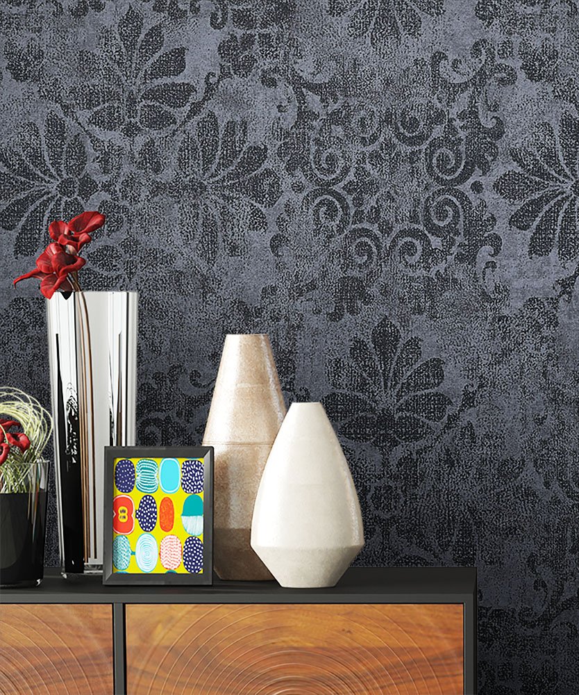 Newroom Design Newroom Non-Woven Wallpaper Baroque Wallpaper Grey Black Baroque Wallpaper 