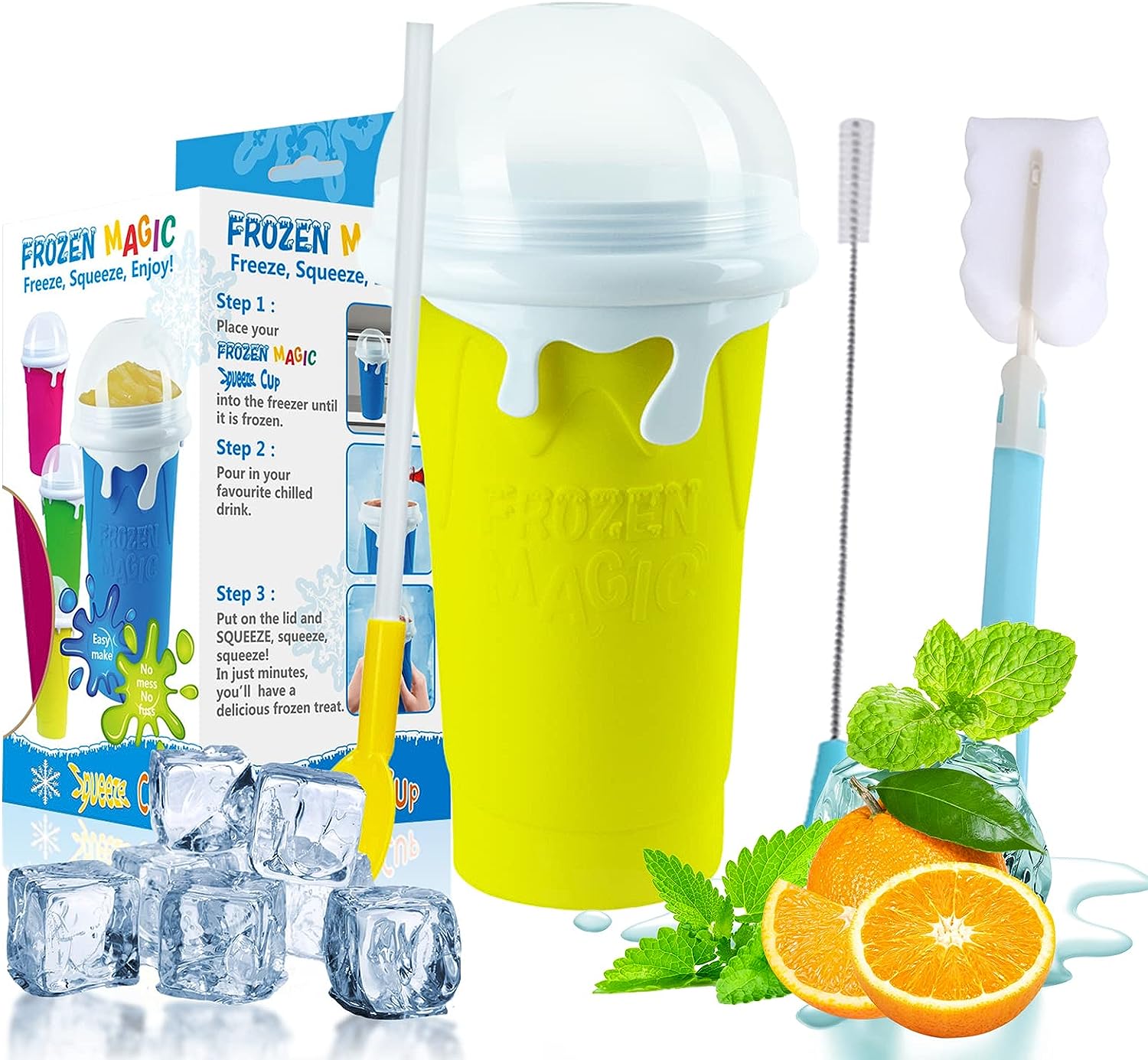 MARUKO Slushy Maker Cup, Fun 500 ml Slush Cup, Squeeze Cup, Magic Slush Ice Machine, Homemade Ice Moulds, Milkshake, Delicious Slush Ice Cream (Yellow)