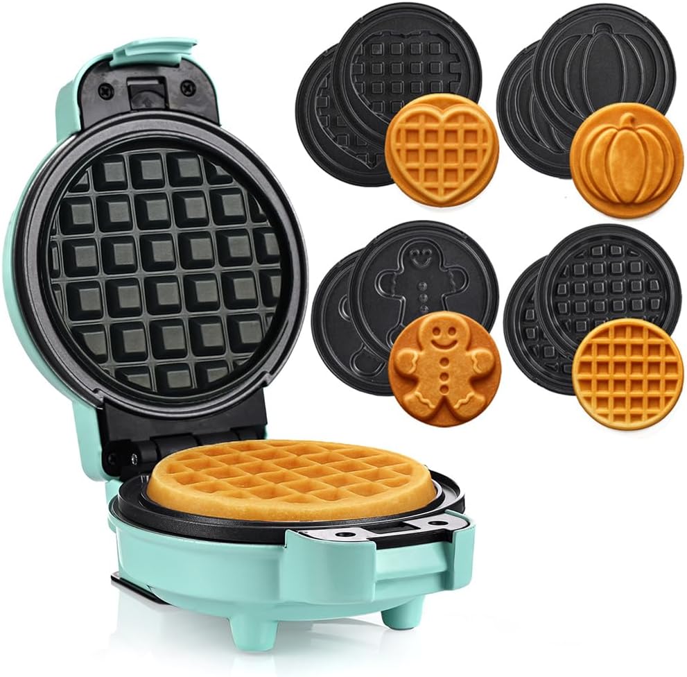 LEHMANN Mini Waffle Iron with Removable Plates, Waffle Shapes - Pumpkin, Gingerbread, Heart and Classic, Mini Waffle Iron with Non-Stick Coating, for Children\'s Birthday Parties and Family Parties