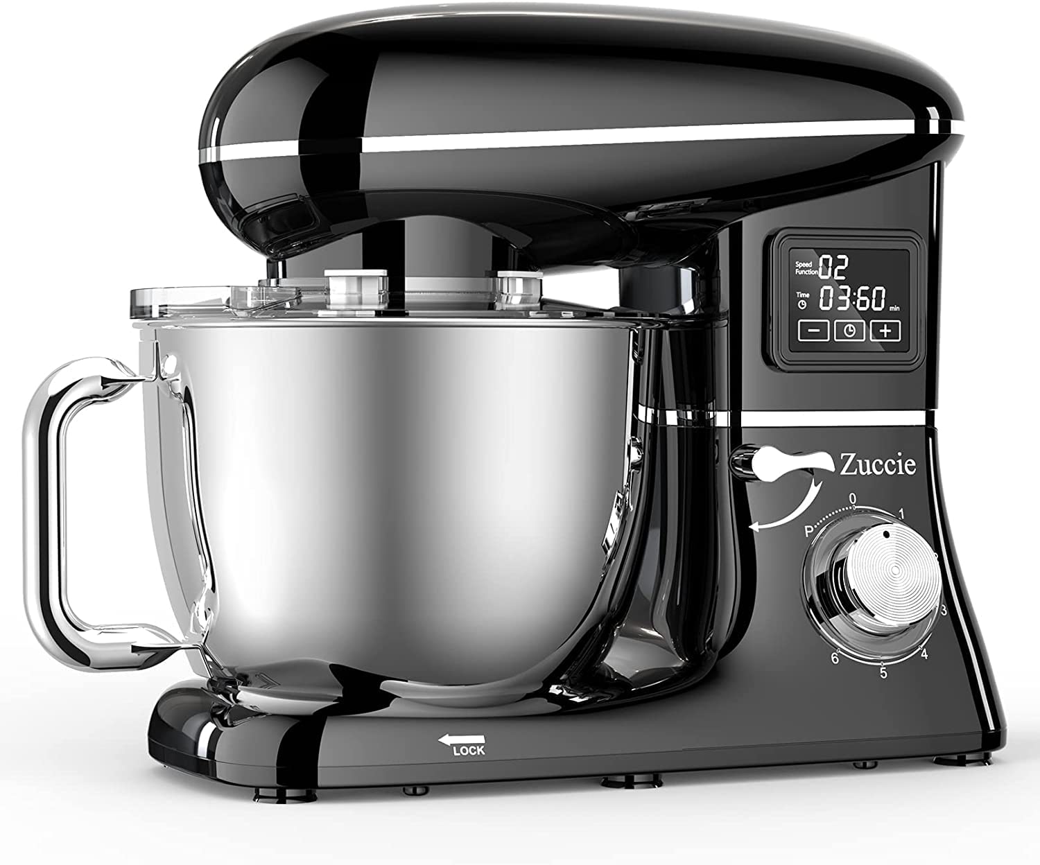 Zuccie 1505HL LCD Touchscreen Kneading Machine, 1500 W Dough Machine Including 6.2 L Stainless Steel Bowl, 5-Piece Patisserie Set and Splash Guard, 6+P Speeds Mixing Machine (Black)