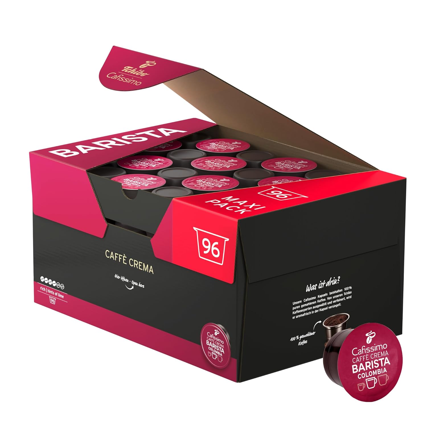 Tchibo Cafissimo Storage Box Caffè Crema Colombia Coffee Capsules, 96 Pieces (Coffee, Expressive with Touch of Lime), Sustainable & Fair Trade