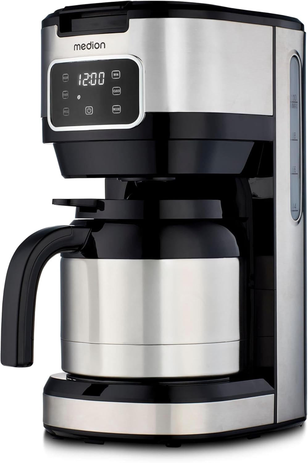 MEDION MD11019 Coffee Machine with Thermos Flask and Timer (Filter Machine, 10 Cups, 1.25 Liters, 900 Watt, Timer Timer, Anti-Drop, Display, MD11019) Stainless Steel