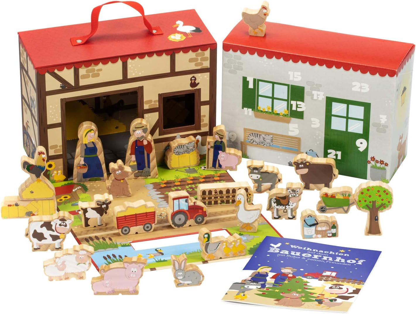 yoamo Farm Advent Calendar for Children with 24 Wooden Figures, High-Quality Play Case and Christmas Animal Story, Multicolored, 27 Pieces (1 Set)