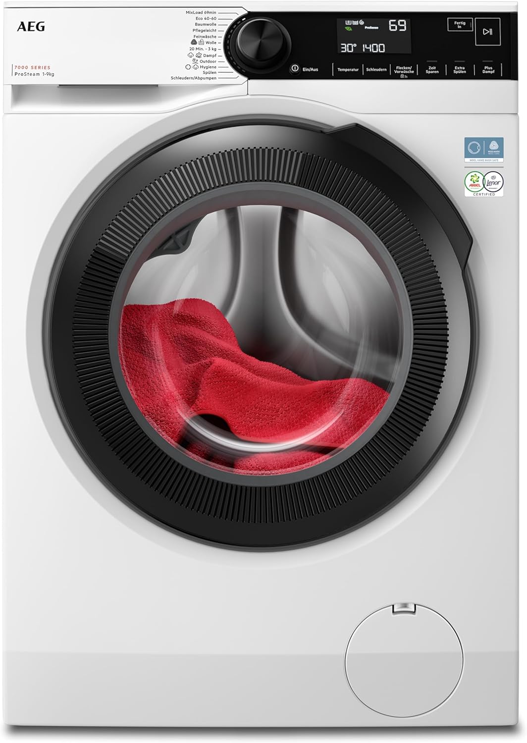 AEG Washing Machine 9 kg, Series 7000 ProSteam - Steam Program - Less Ironing & More Freshness, A-20%, Quiet, Automatic Volume, Refill Function, Delay Start, Full Water Stop, 1400 rpm, LR7AMZ491FL