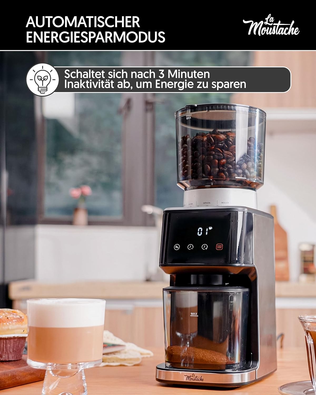La Moustache - Coffee Grinder and Spice Grinder Electric 165 W with Stainless Steel Blades, Conical Mechanism with 51 Degree Even Grinding, Capacity 350 g, 3-in-1 for Cups, Shot or Time