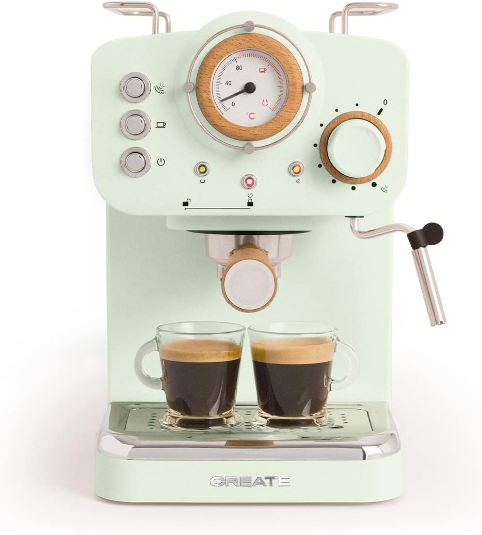 CREATE Thera Matt Retro Espresso Machine, Pastel Green, Matt and Wood, Semi-Automatic, with a 15 Bar Pressure Pump and 1100 W, 1.25 L Water Container, for Ground Coffee, 55 ESE Pads