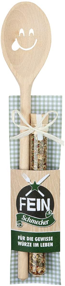 Gilde High quality wooden cooking spoon, height 30 cm, with face and spice mixture, 15 grams, as well as recipe idea in gift form.
