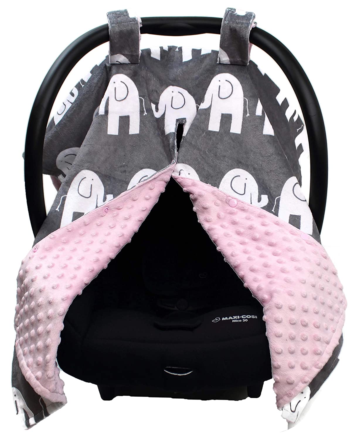 Dear Baby Gear Deluxe Minky Print White Elephant Lavender Minky Dot Car Seat Canopy
