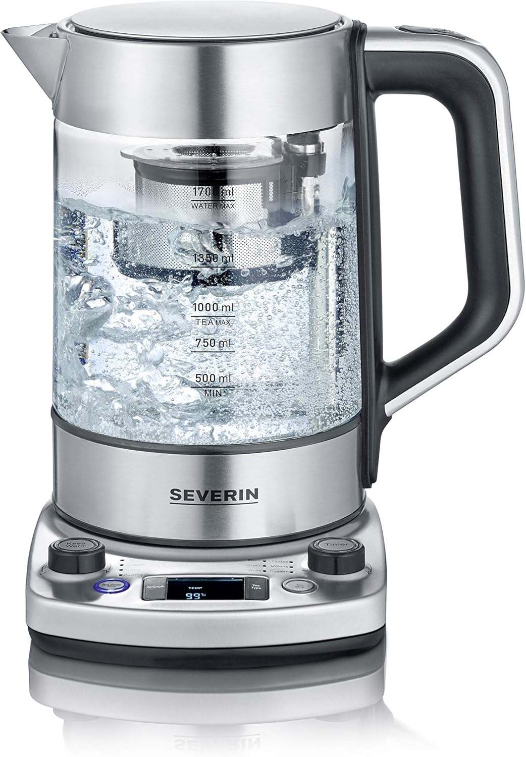 SEVERIN Tea Maker with Auto Lift Function, Kettle with Temperature Setting and Quick Boil Function, Glass Kettle for up to 1.7 L of Water or 1 L of Tea, Brushed Stainless Steel / Black, WK 3422