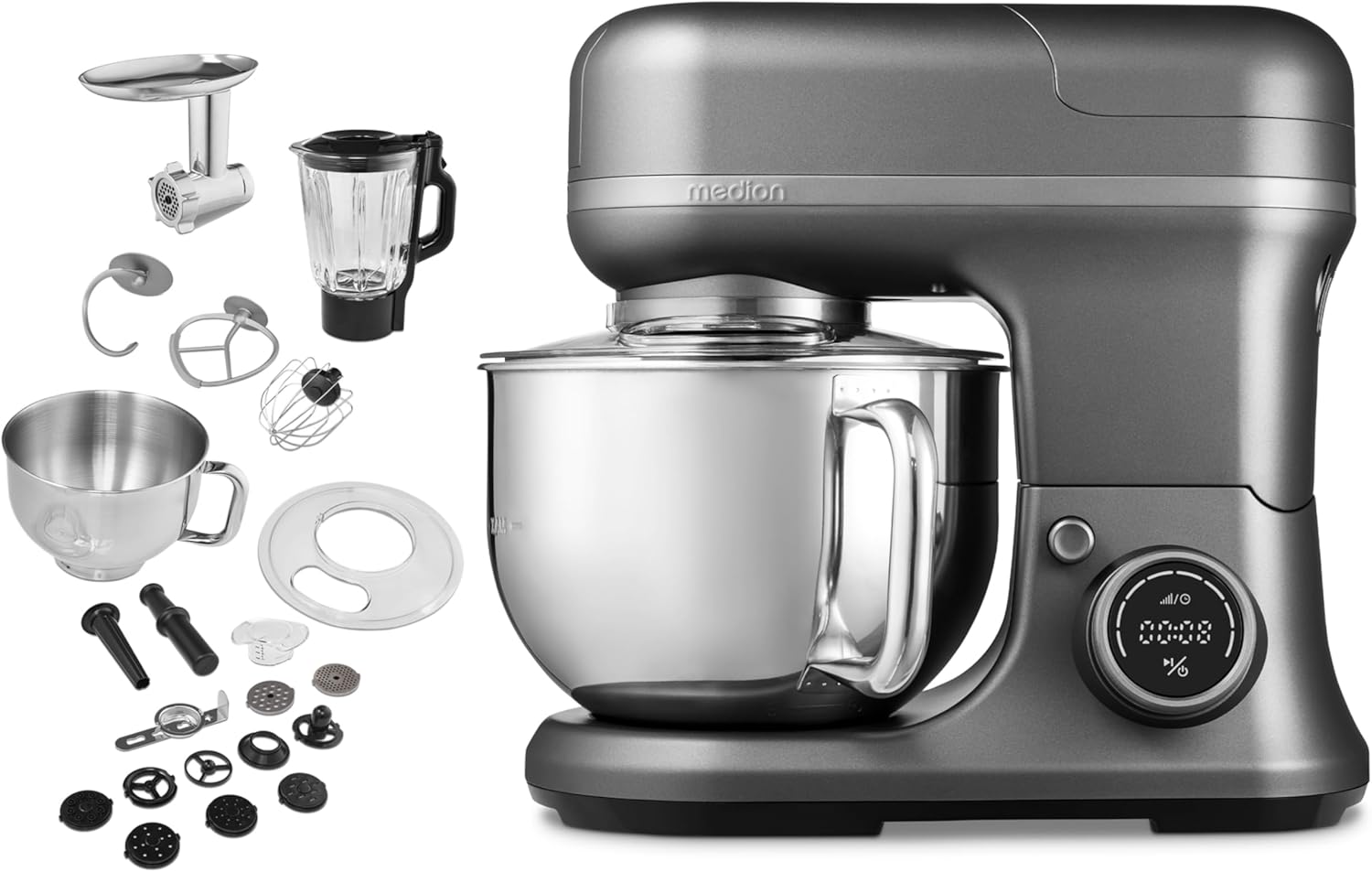 MEDION MD18430 Food Processor (Mixer, Meat Grinder, 3-in-1, 5 Litre Stainless Steel Bowl, 1,200 Watt, Grater Rasp Cutting, Digital Touch Display, Kneading Machine, Dough Machine, MD18430) Titanium