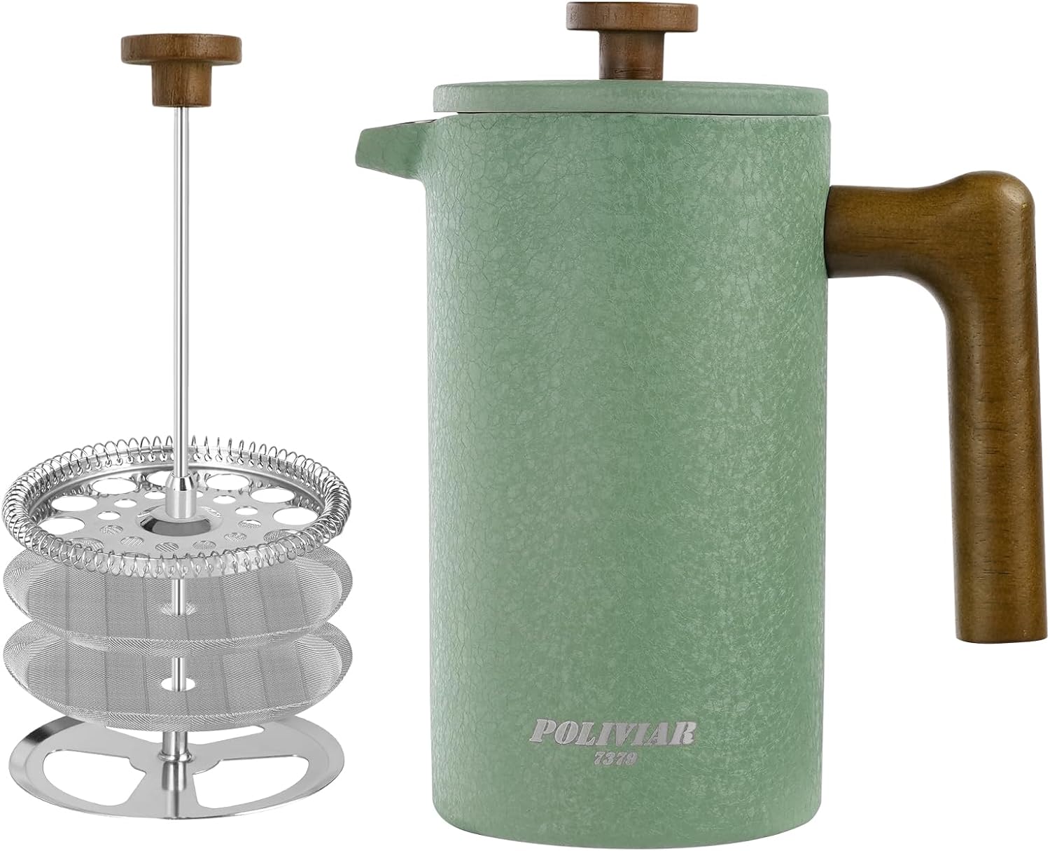 Poliviar French Press, Stainless Steel, Thermal Coffee Maker, Double-Walled Insulated, Coffee Maker 1 Litre, Hand Filter Coffee Press with Plunger & Wooden Handle, Coffee Press (Green)