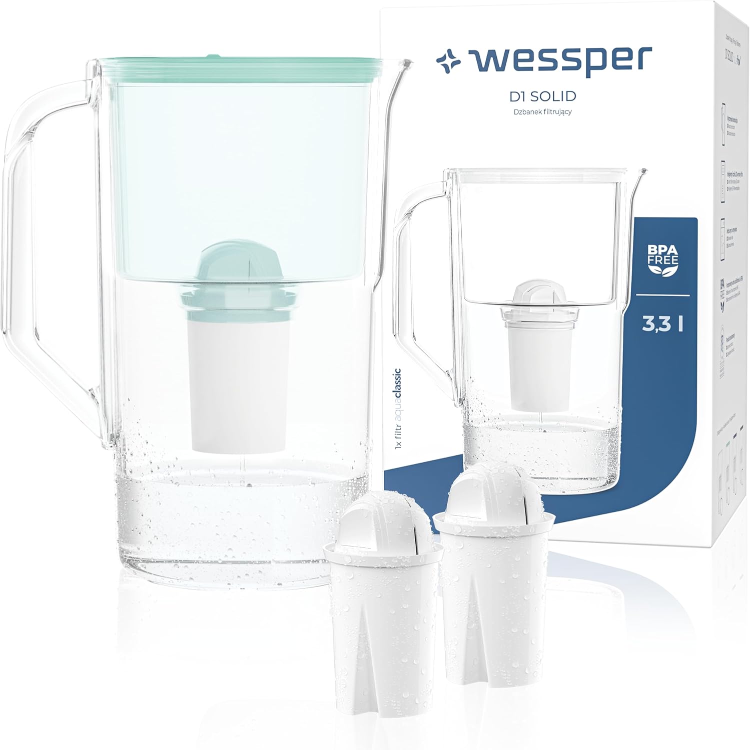 Wessper Water Filter Jug 2.8 L Aqua Classic Basic, Set Water Jug and 2 Filters Compatible with Brita Classic, Water Filter System Reduction of Limescale, Chlorine, Mint