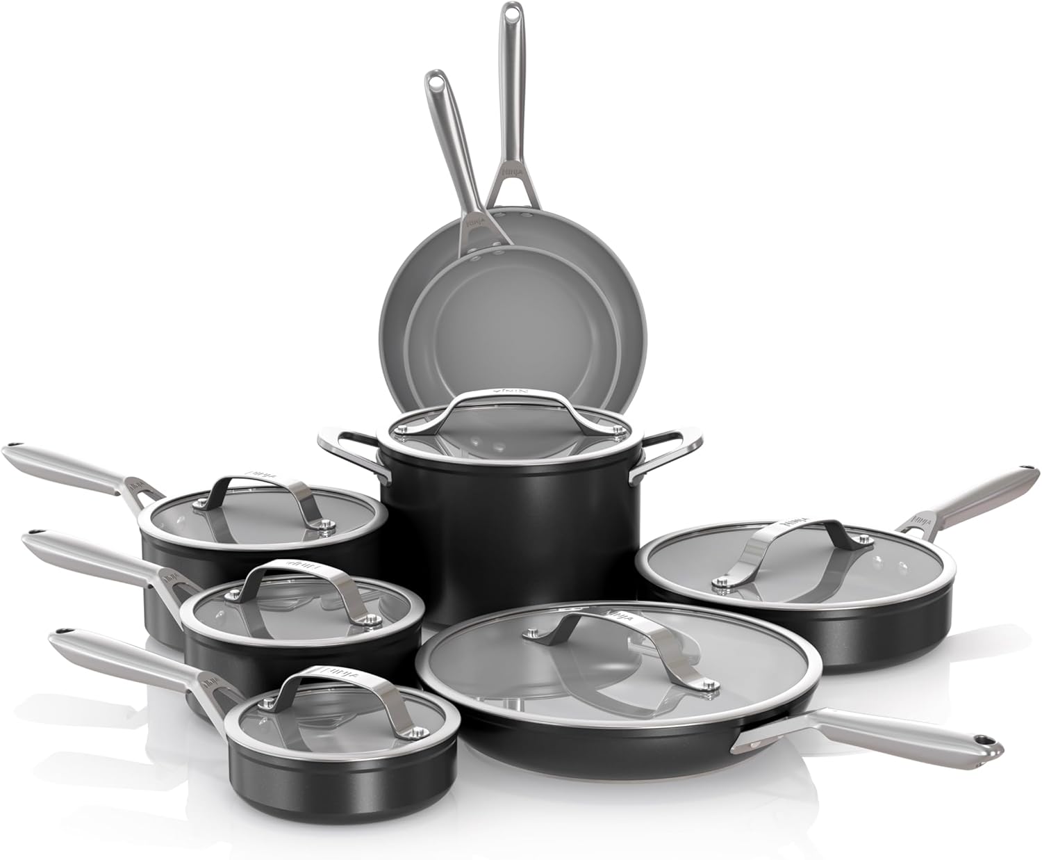 Ninja NeverStick Ceramic Pro 14-Piece Cookware Set, Non-Stick Coating, Pots & Pans Set with Glass Lids, Ceramic, Stainless Steel, Cooker to Oven Safe, All Hob Types & Induction Compatible,